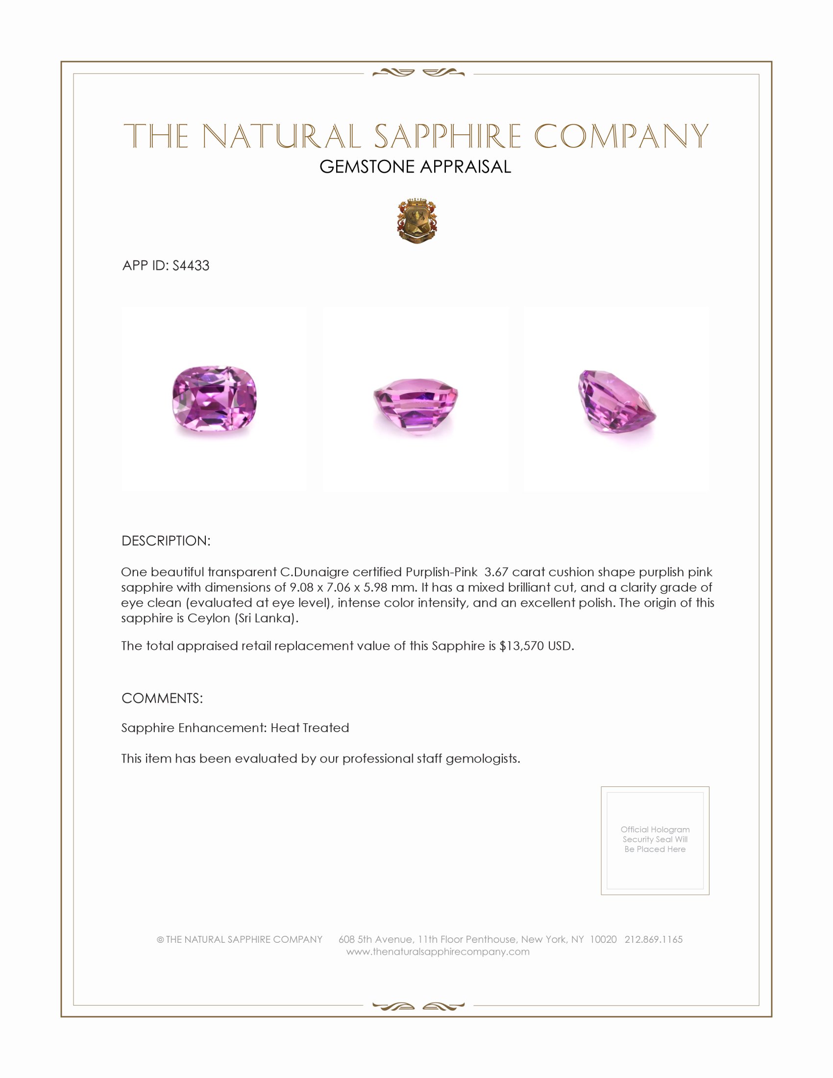 3.67 Ct. Purplish Pink Sapphire from Ceylon (Sri Lanka)