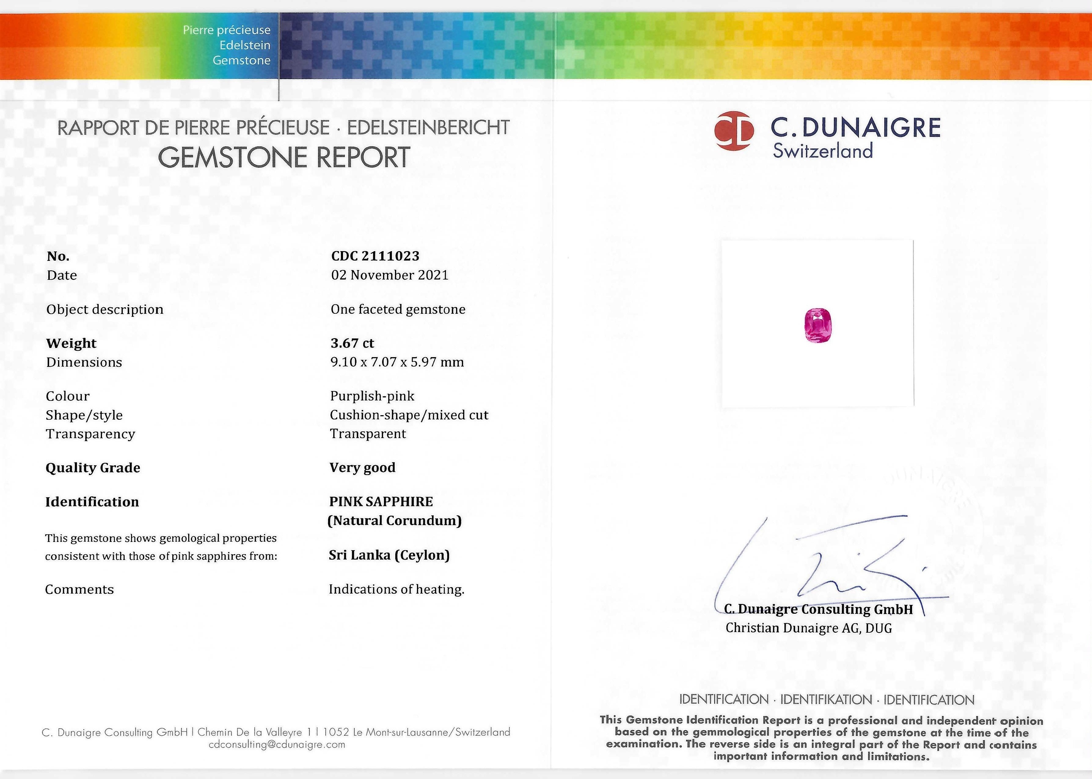 3.67 Ct. Purplish Pink Sapphire from Ceylon (Sri Lanka)