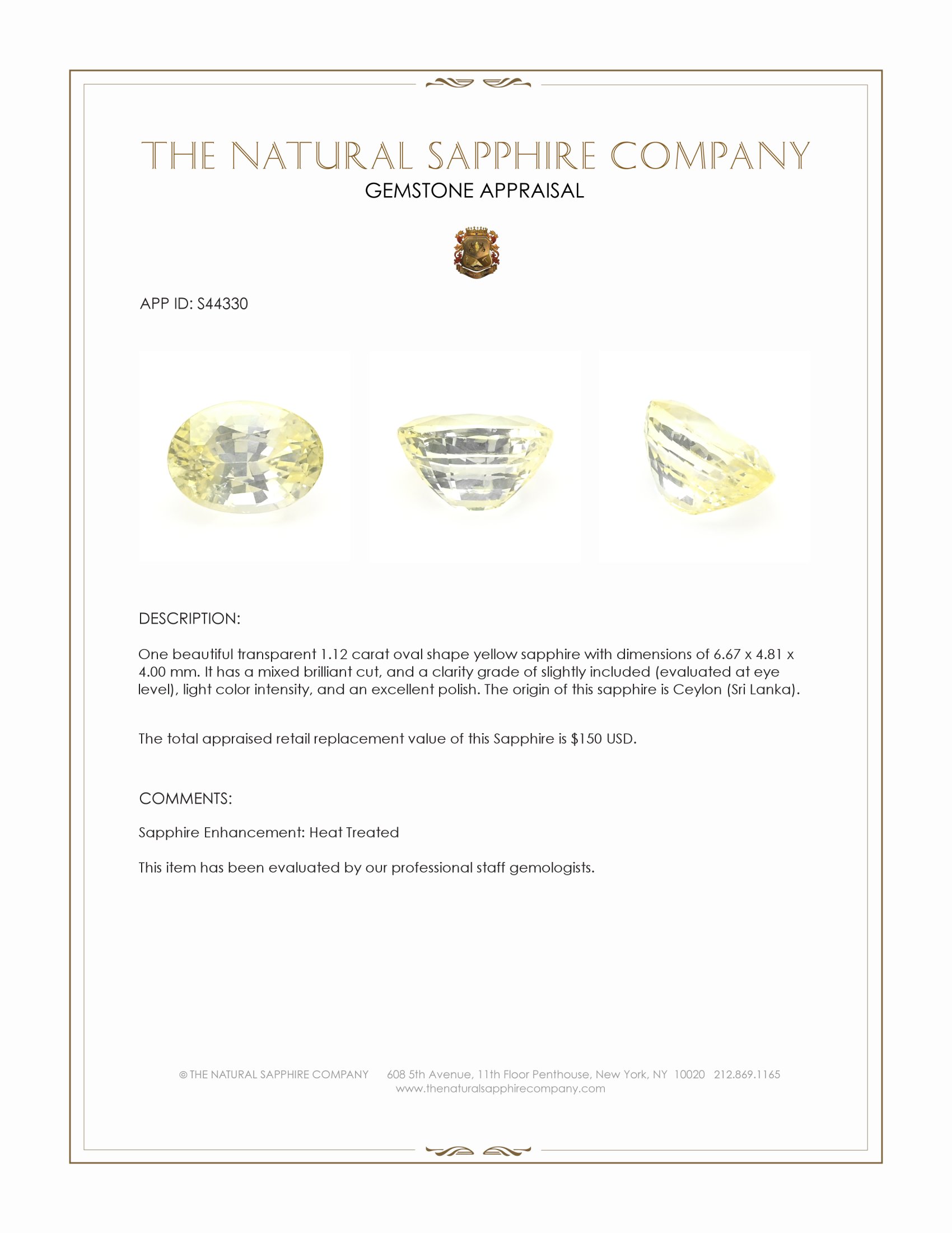 1.12 Ct. Yellow Sapphire from Ceylon (Sri Lanka)