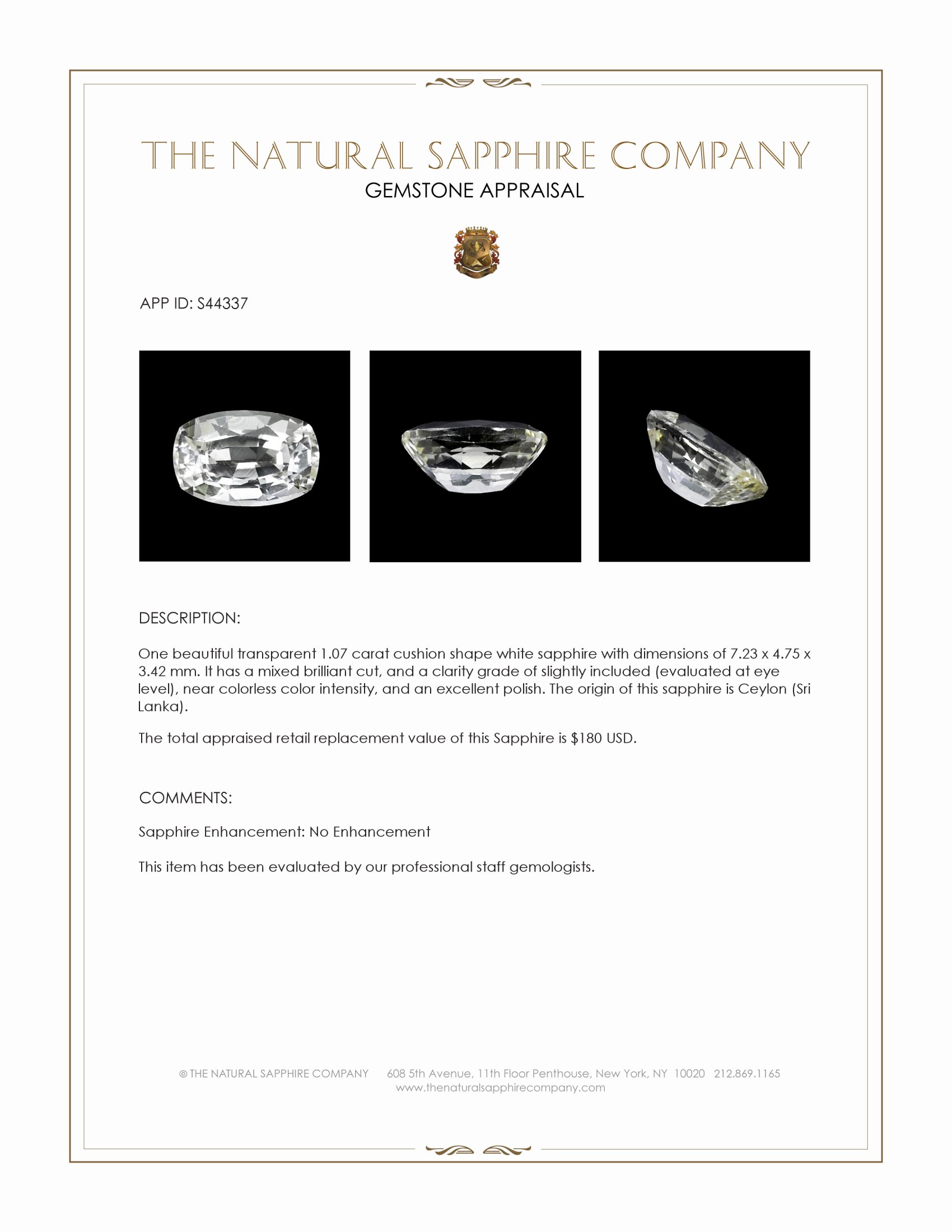 1.07 Ct. White Sapphire from Ceylon (Sri Lanka)