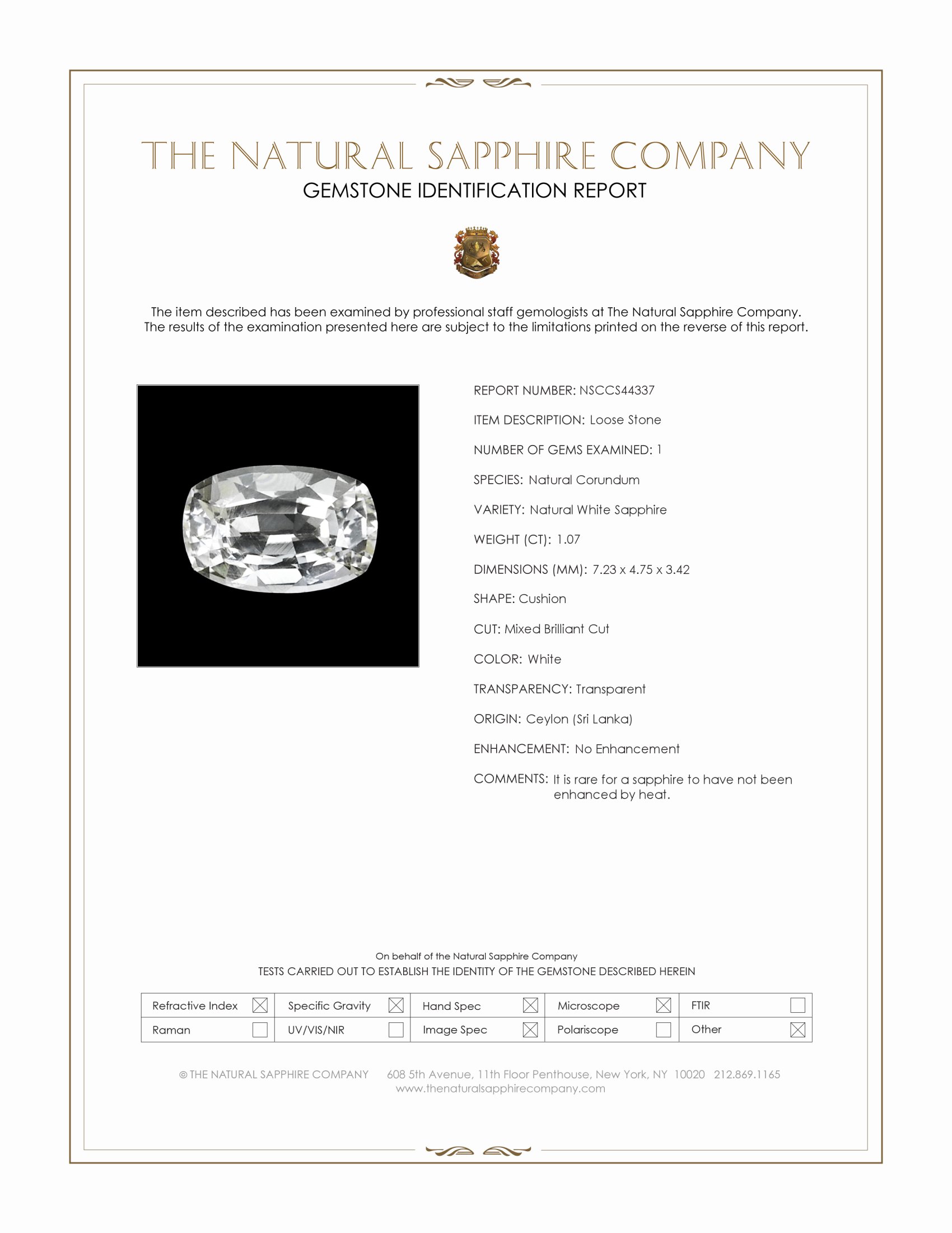 1.07 Ct. White Sapphire from Ceylon (Sri Lanka)