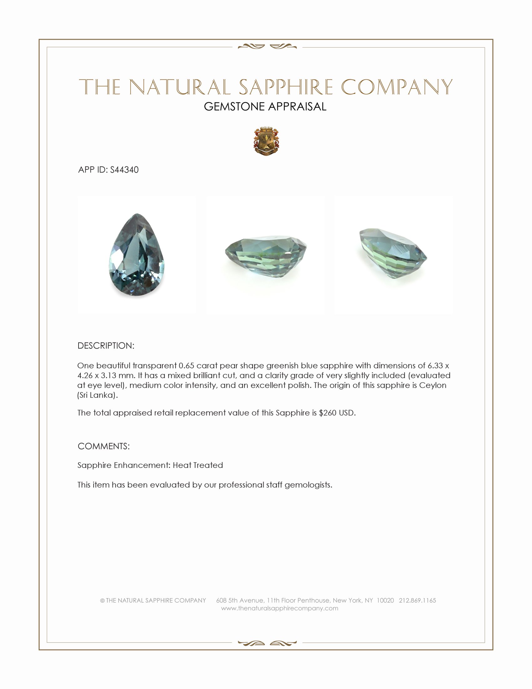 0.65 Ct. Greenish Blue Sapphire from Ceylon (Sri Lanka)