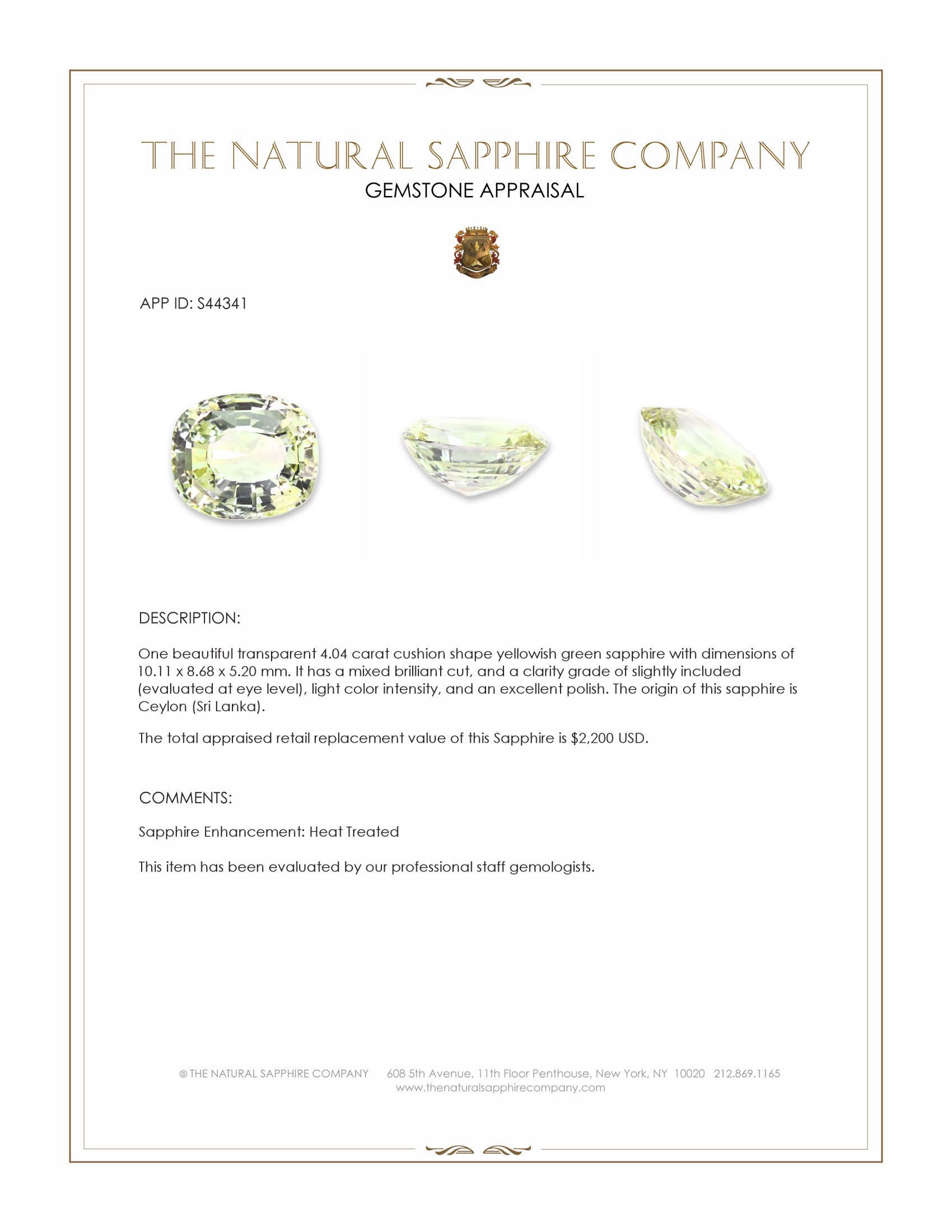 4.04 Ct. Yellowish Green Sapphire from Ceylon (Sri Lanka)