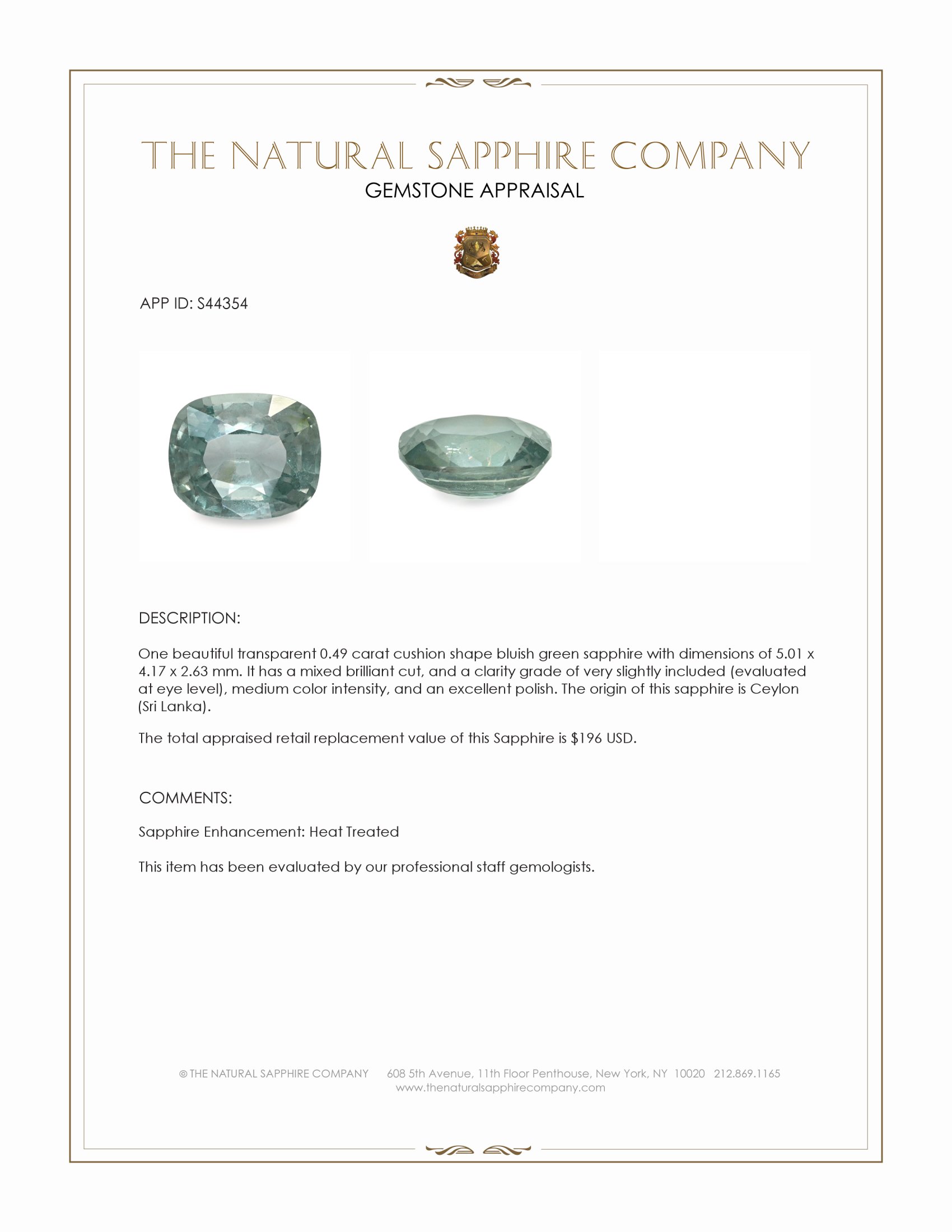 0.49 Ct. Bluish Green Sapphire from Ceylon (Sri Lanka)