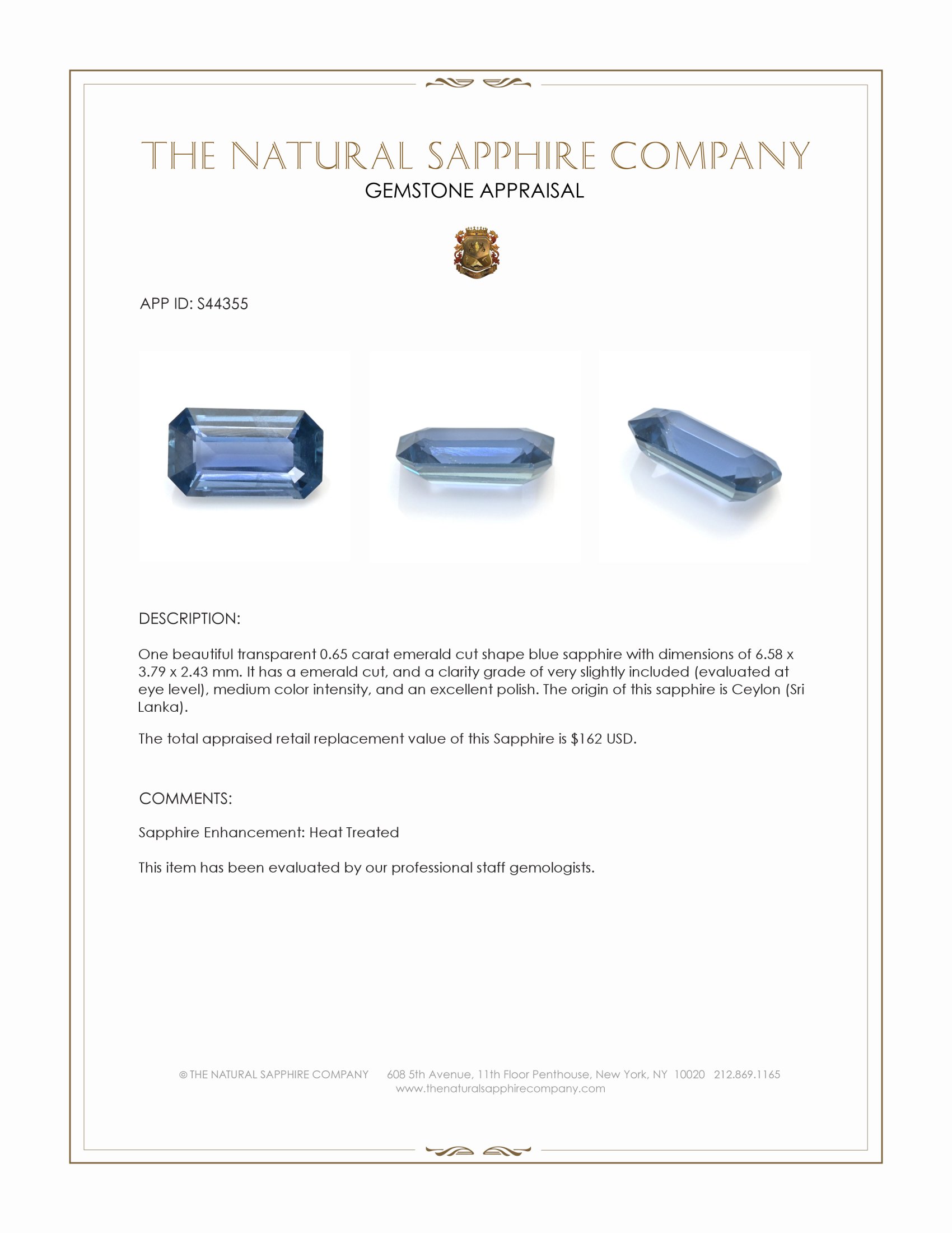 0.65 Ct. Blue Sapphire from Ceylon (Sri Lanka)