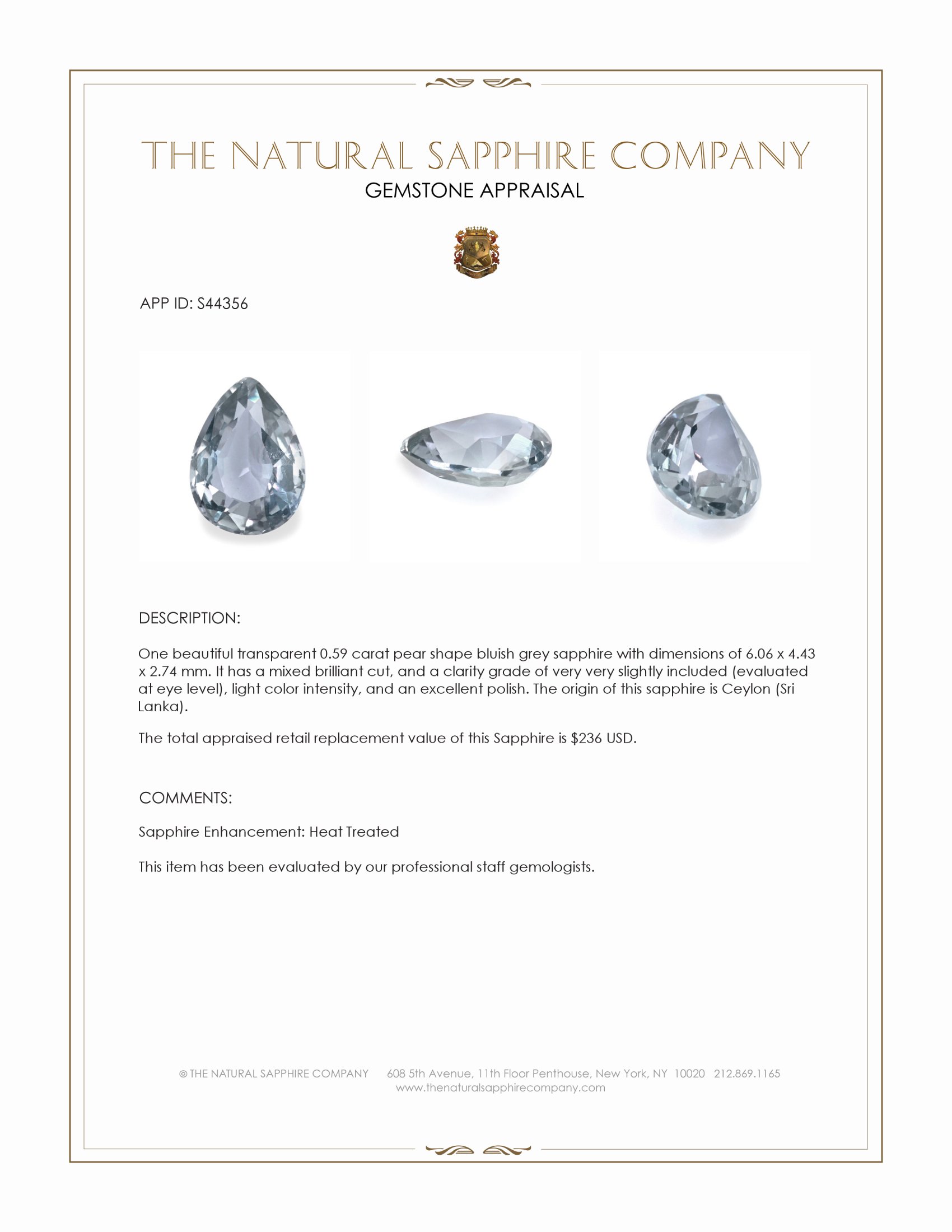 0.59 Ct. Bluish Grey Sapphire from Ceylon (Sri Lanka)