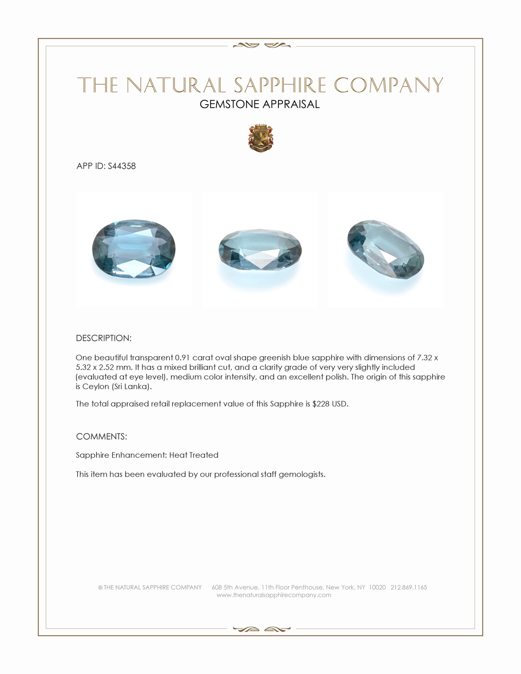 0.91 Ct. Greenish Blue Sapphire from Ceylon (Sri Lanka)