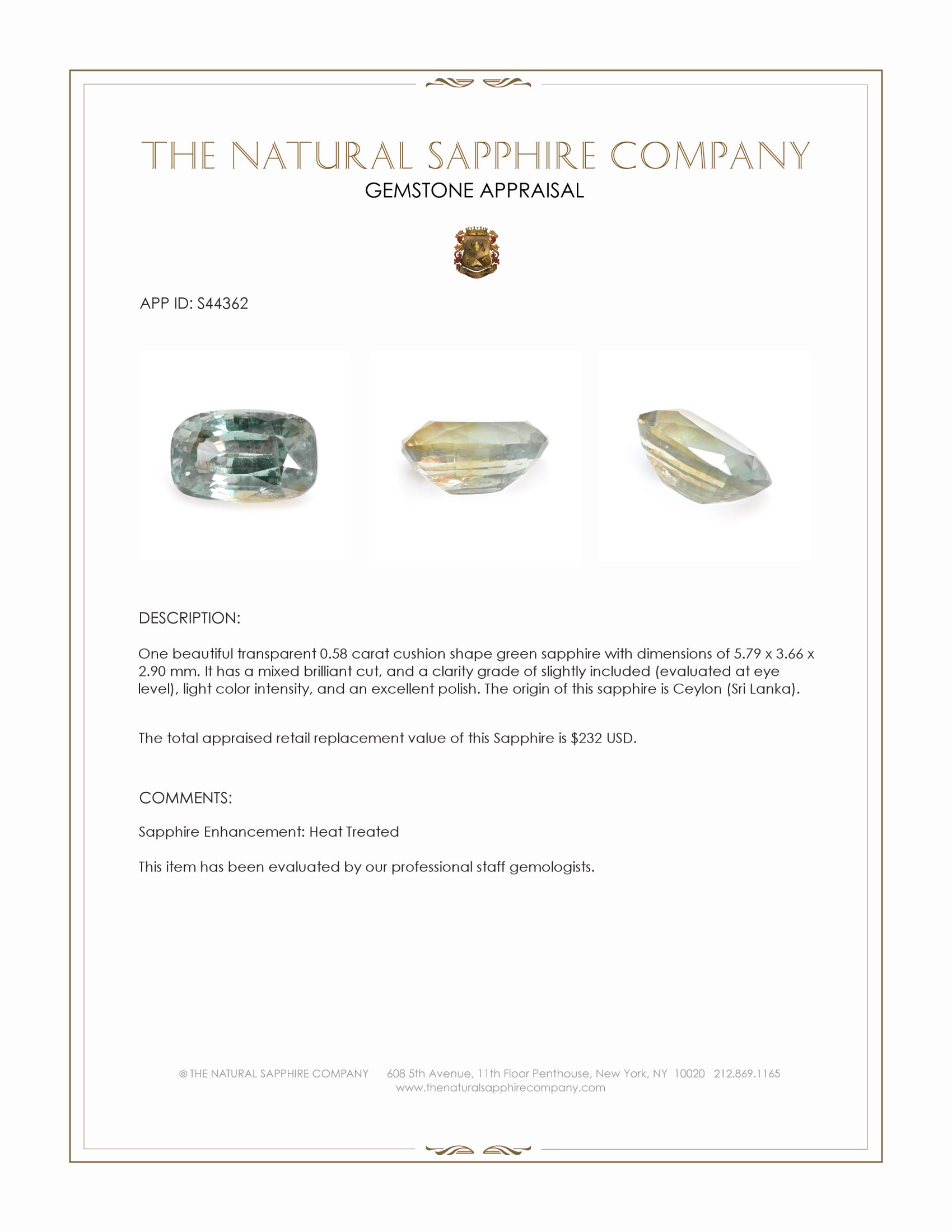 0.58 Ct. Green Sapphire from Ceylon (Sri Lanka)