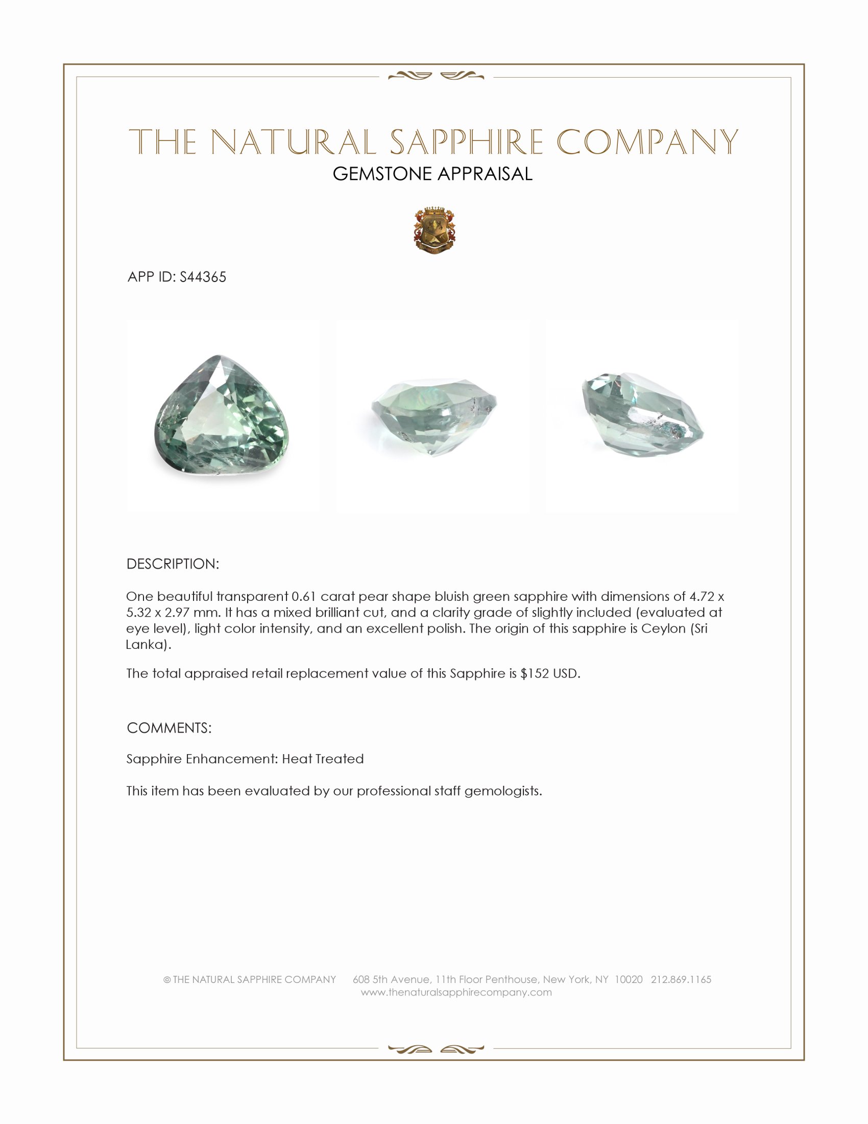 0.61 Ct. Bluish Green Sapphire from Ceylon (Sri Lanka)