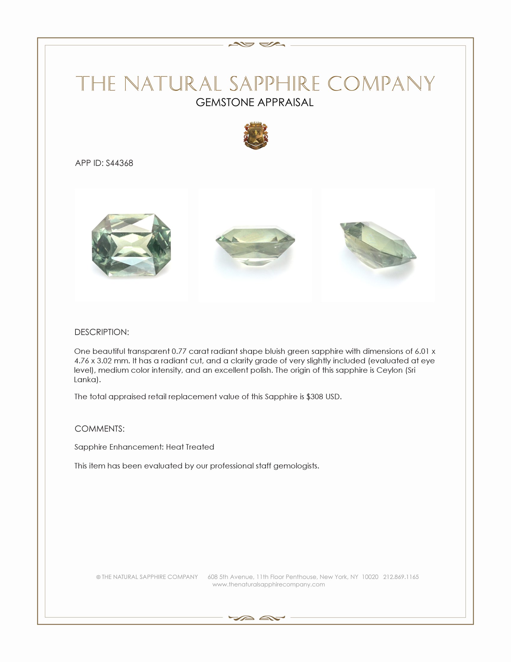 0.77 Ct. Bluish Green Sapphire from Ceylon (Sri Lanka)