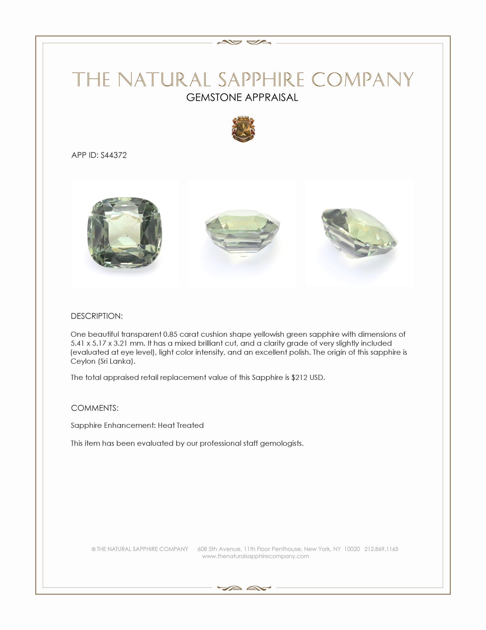 0.85 Ct. Yellowish Green Sapphire from Ceylon (Sri Lanka)