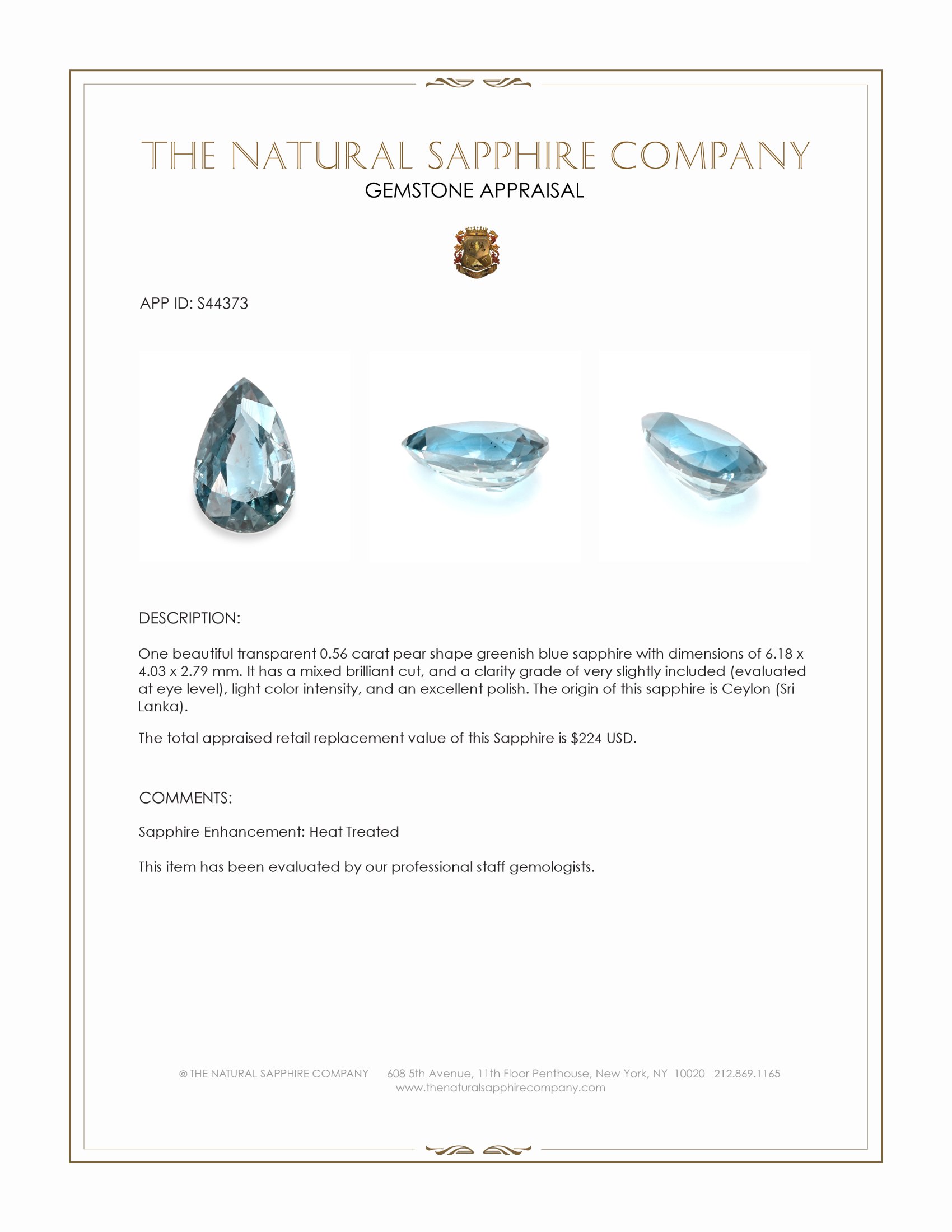 0.56 Ct. Greenish Blue Sapphire from Ceylon (Sri Lanka)
