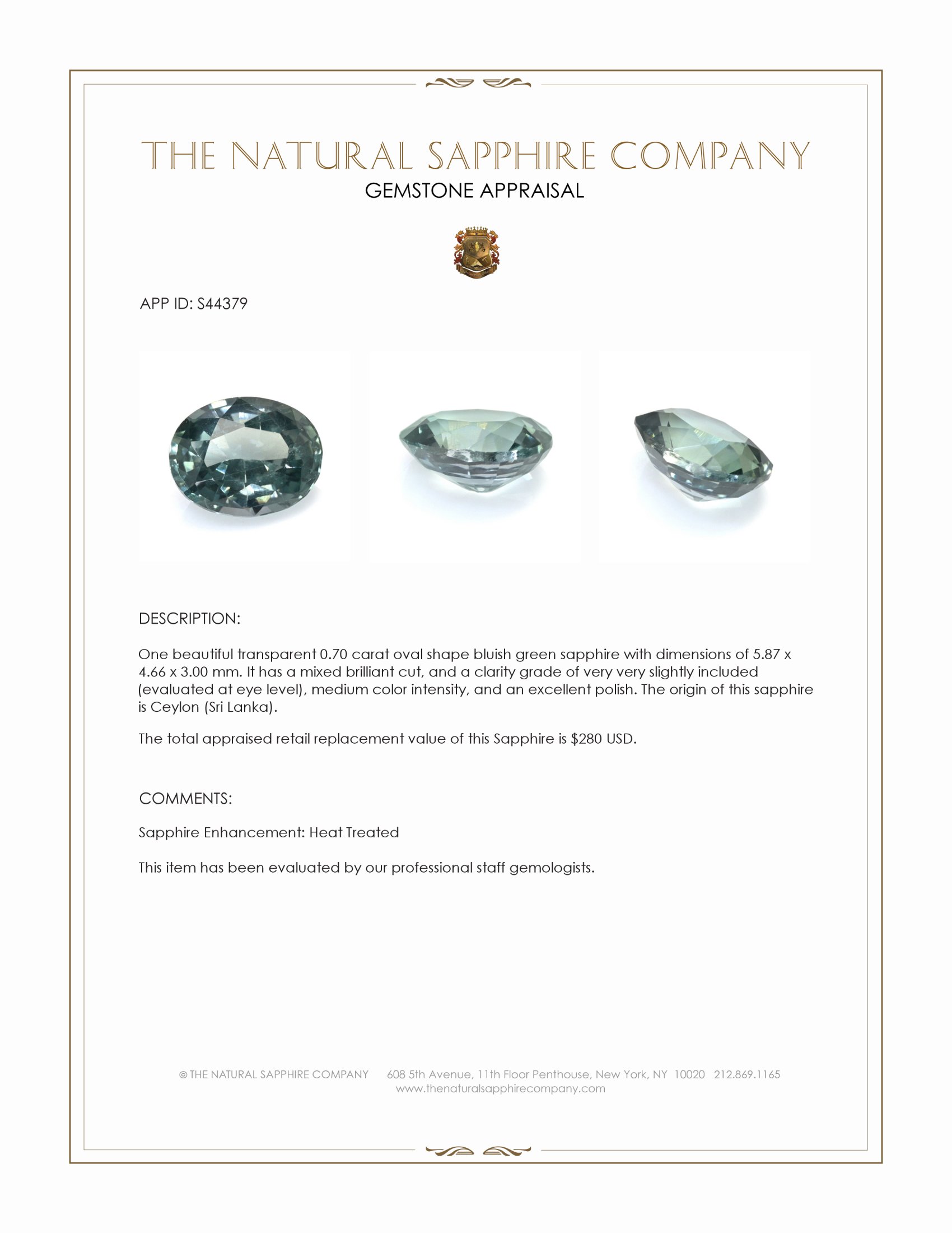 0.70 Ct. Bluish Green Sapphire from Ceylon (Sri Lanka)