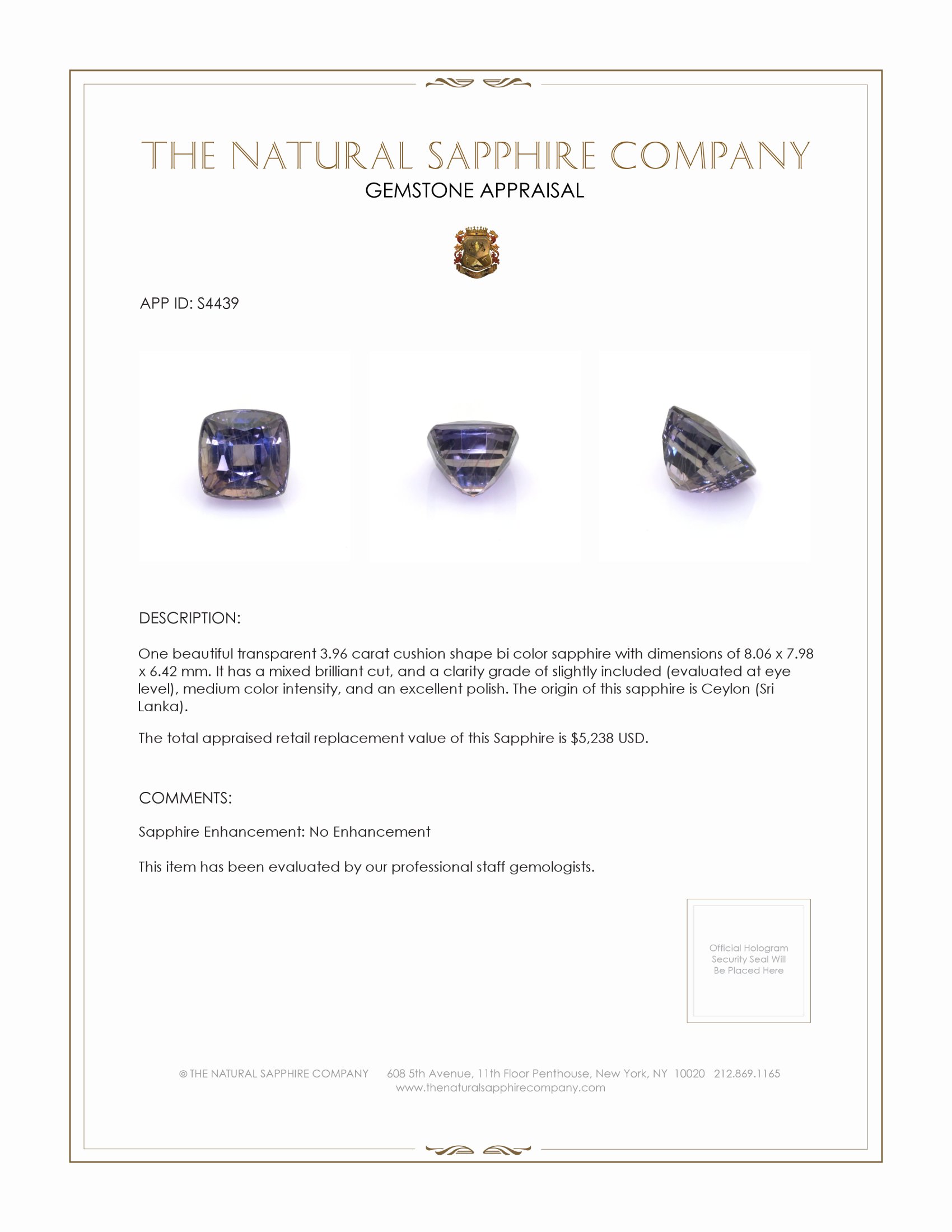 3.96 Ct. Bi Color Sapphire from Ceylon (Sri Lanka)