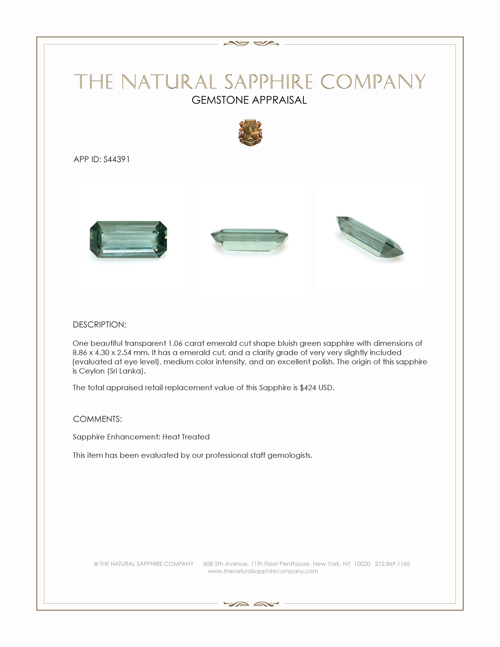 1.06 Ct. Bluish Green Sapphire from Ceylon (Sri Lanka)