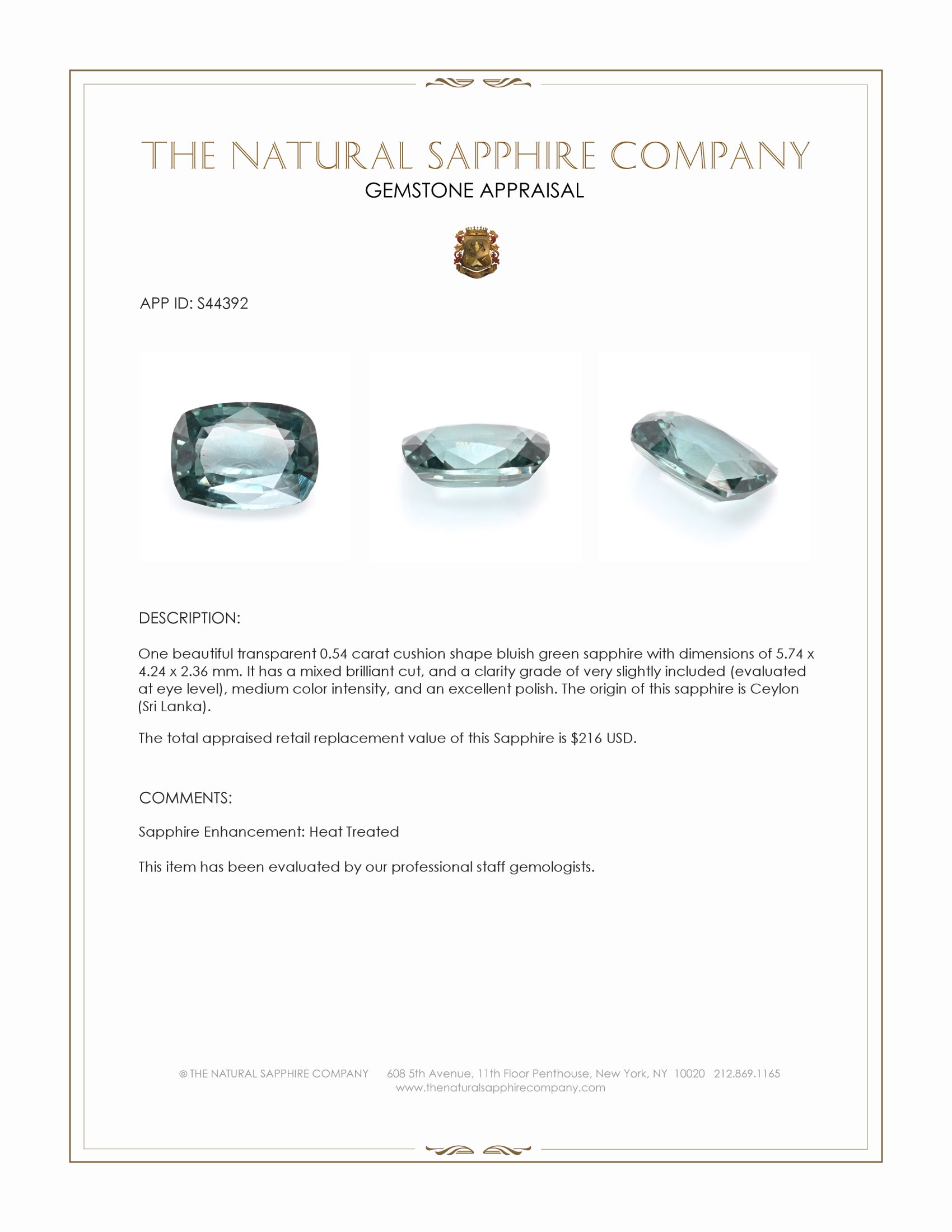 0.54 Ct. Bluish Green Sapphire from Ceylon (Sri Lanka)