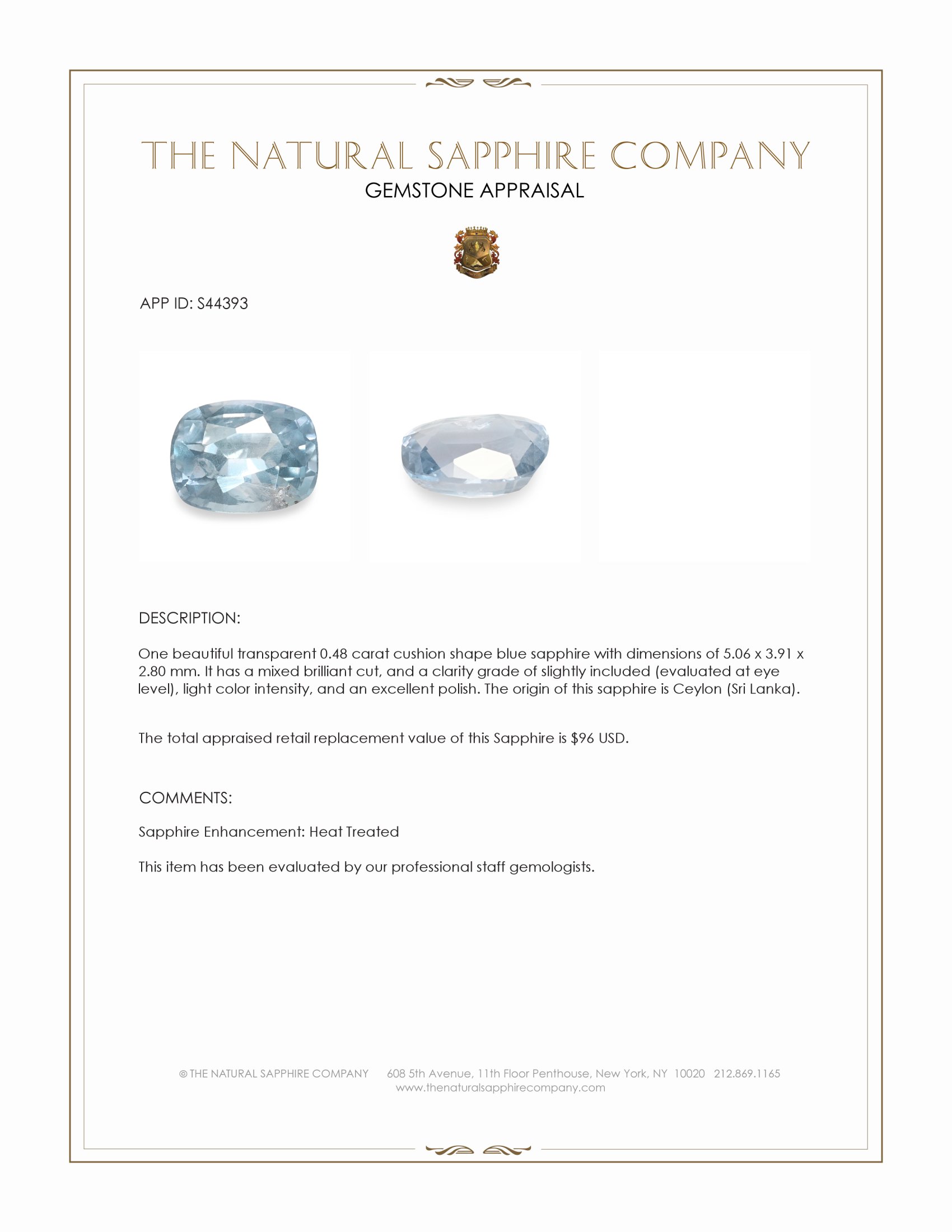 0.48 Ct. Blue Sapphire from Ceylon (Sri Lanka)