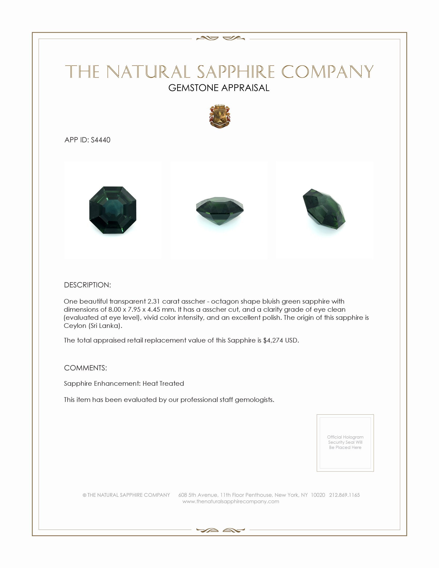 2.31 Ct. Bluish Green Sapphire from Ceylon (Sri Lanka)