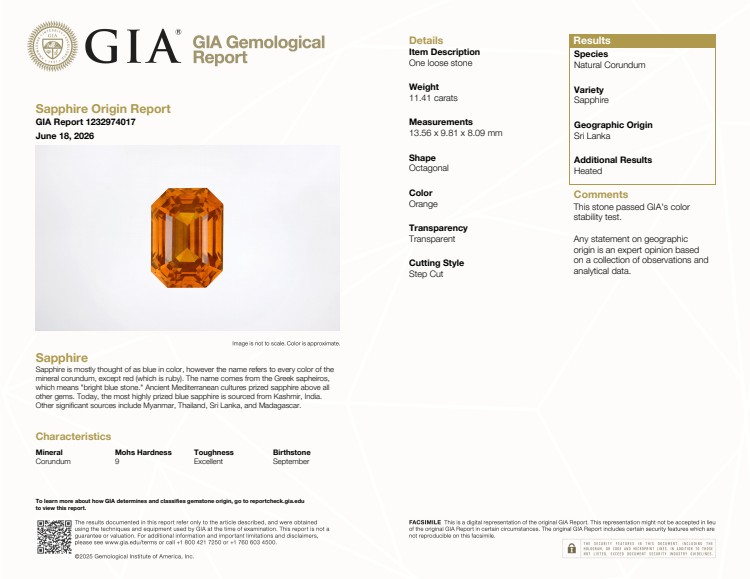 11.41 Ct. Orange Sapphire from Ceylon (Sri Lanka)