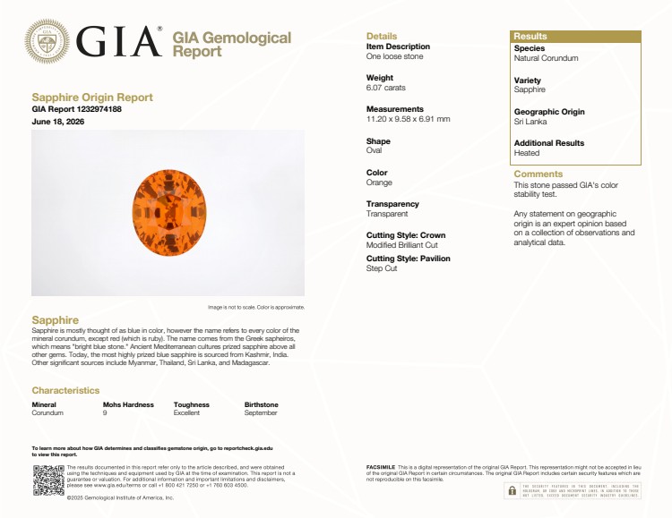 6.07 Ct. Orange Sapphire from Ceylon (Sri Lanka)
