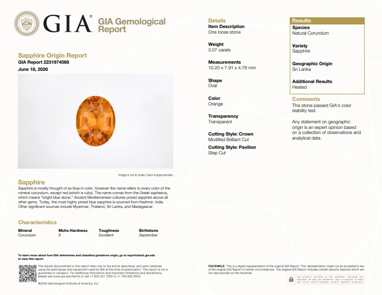 3.07 Ct. Orange Sapphire from Ceylon (Sri Lanka)