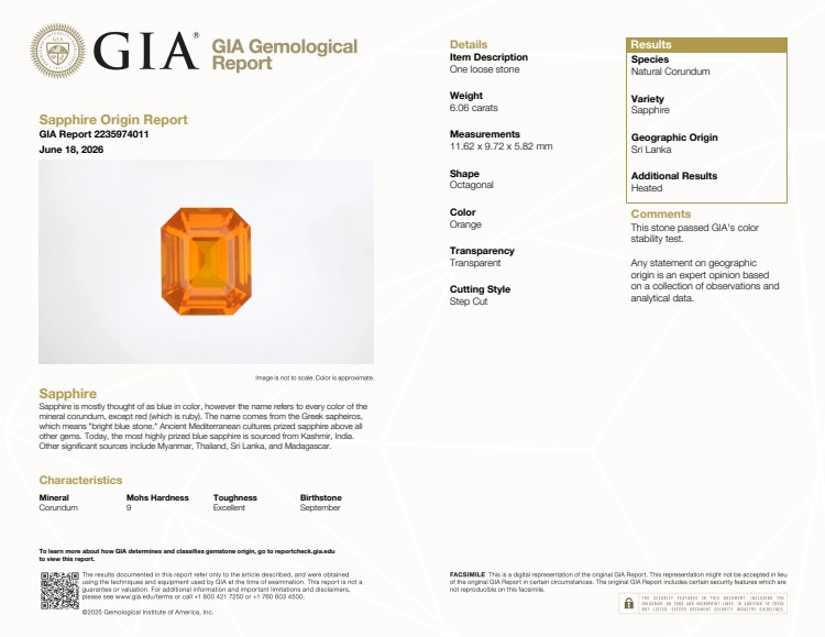 6.06 Ct. Orange Sapphire from Ceylon (Sri Lanka)