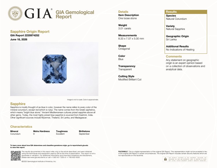 3.01 Ct. Blue Sapphire from Ceylon (Sri Lanka)