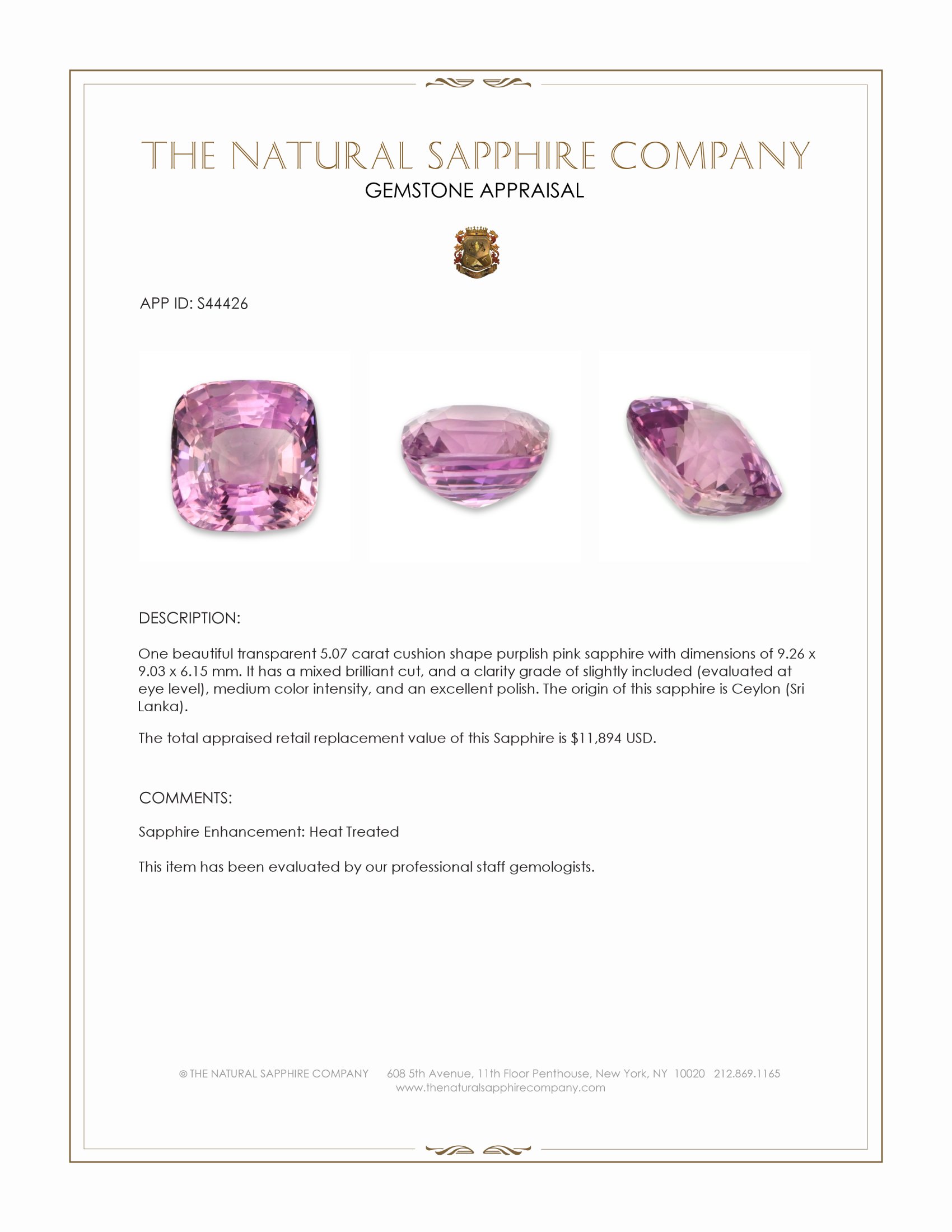 5.07 Ct. Purplish Pink Sapphire from Ceylon (Sri Lanka)