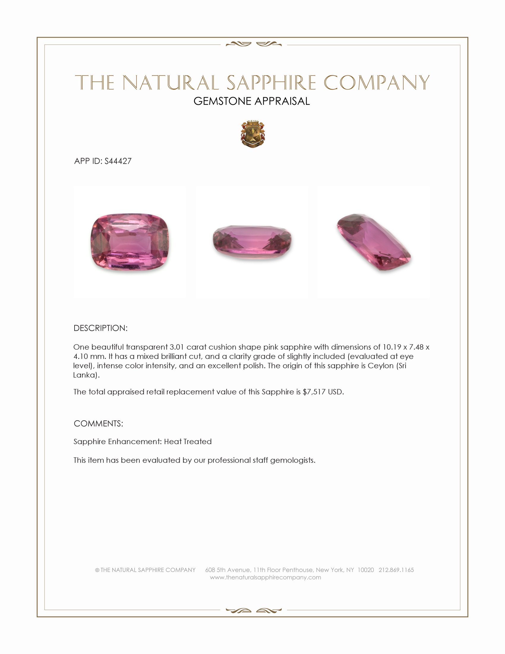 3.01 Ct. Pink Sapphire from Ceylon (Sri Lanka)