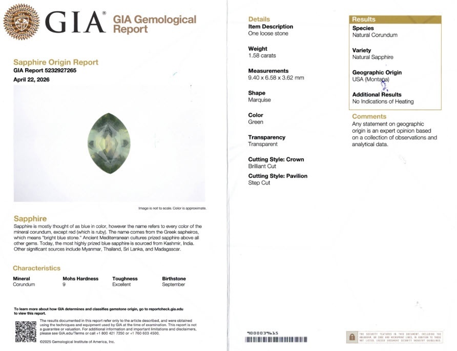 1.58 Ct. Green Sapphire from Montana