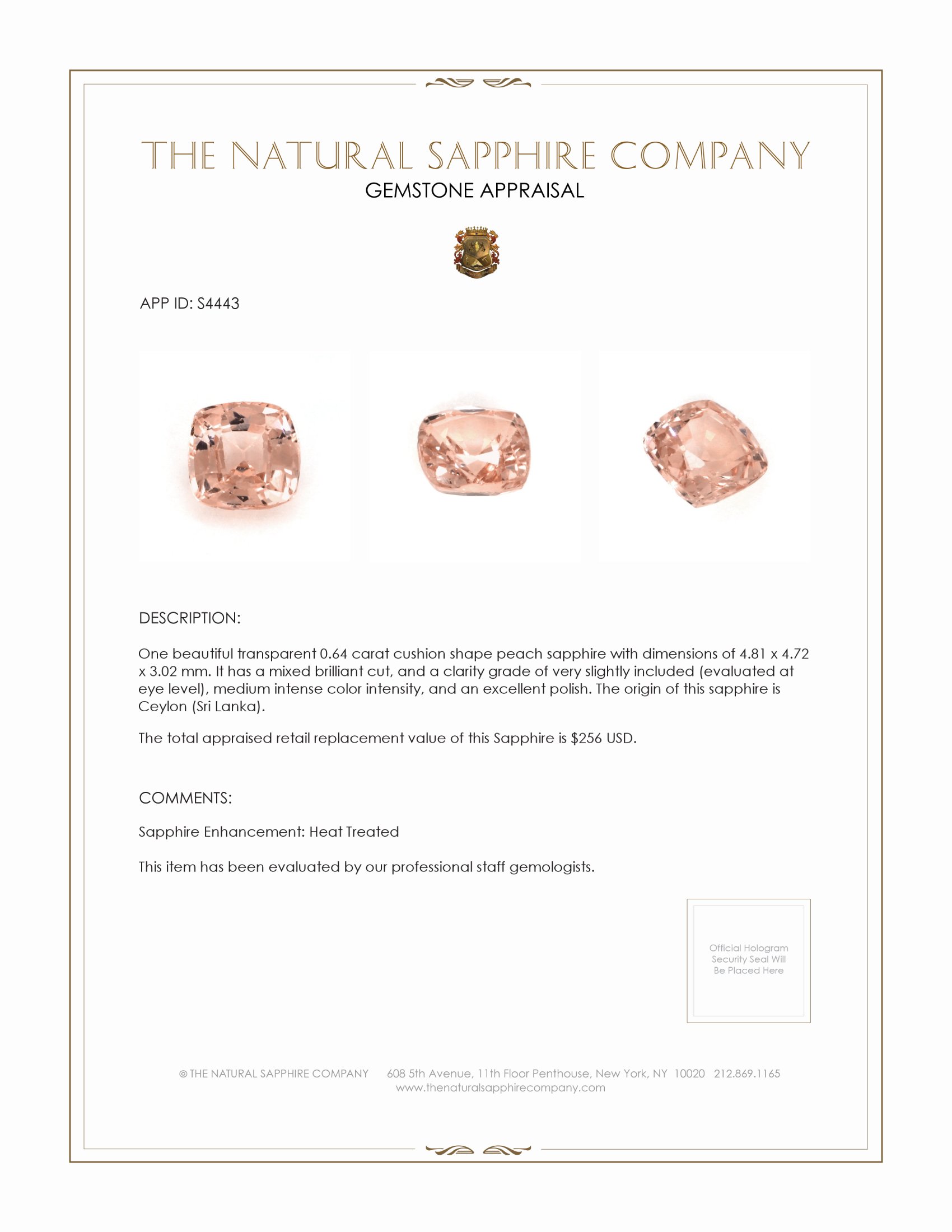 0.64 Ct. Peach Sapphire from Ceylon (Sri Lanka)