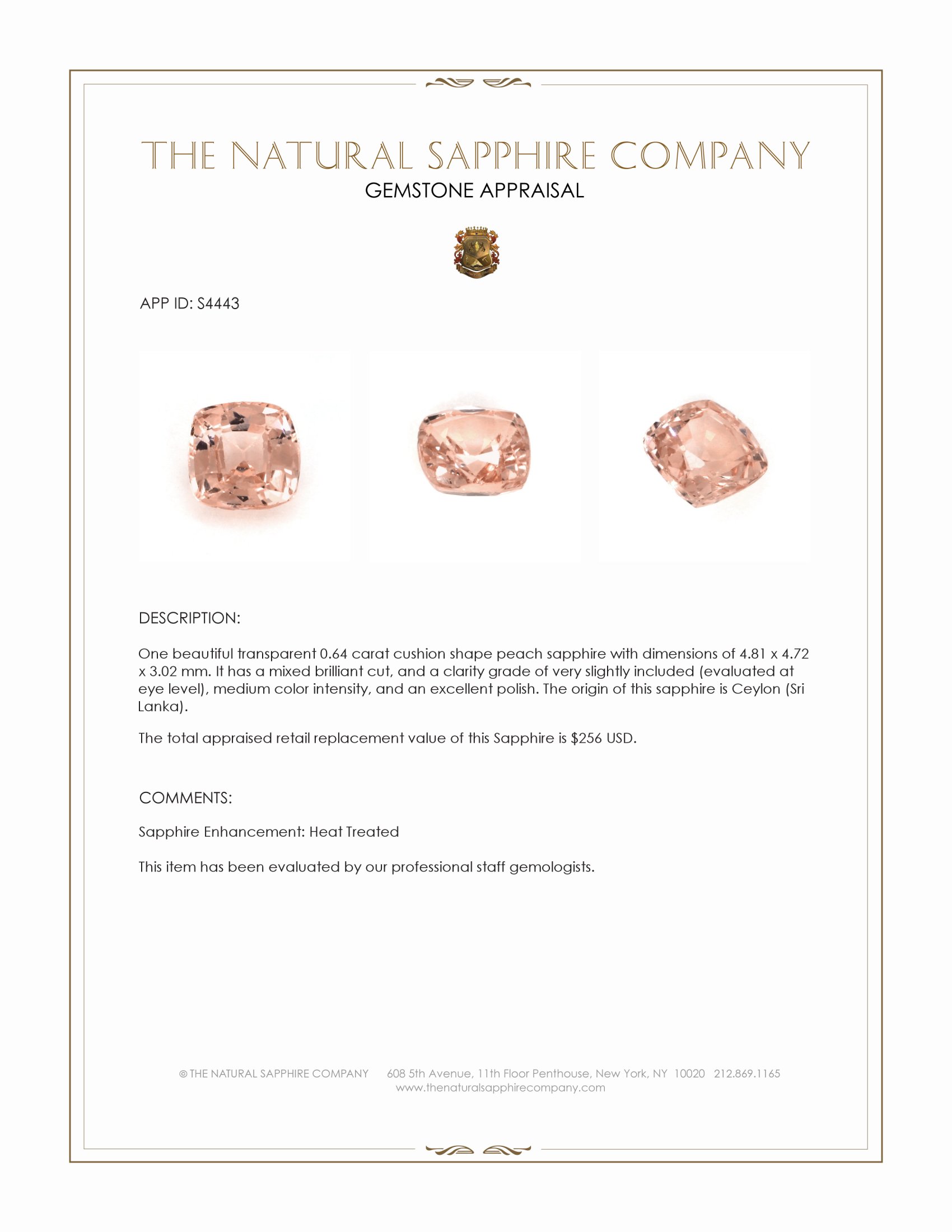 0.64 Ct. Peach Sapphire from Ceylon (Sri Lanka)