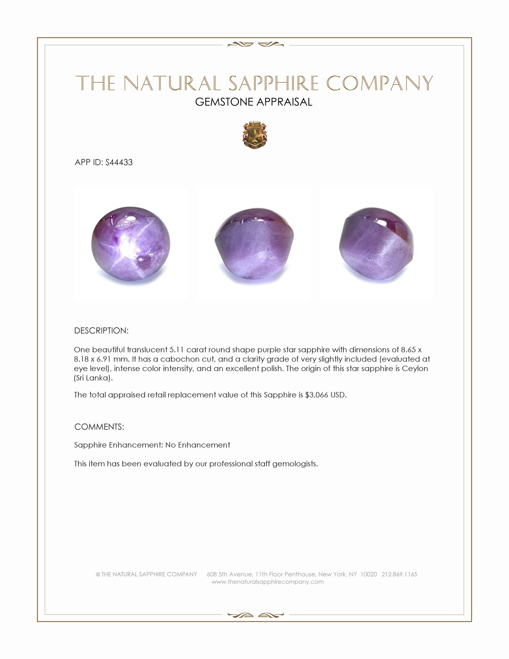 5.11 Ct. Purple Star Sapphire from Ceylon (Sri Lanka)