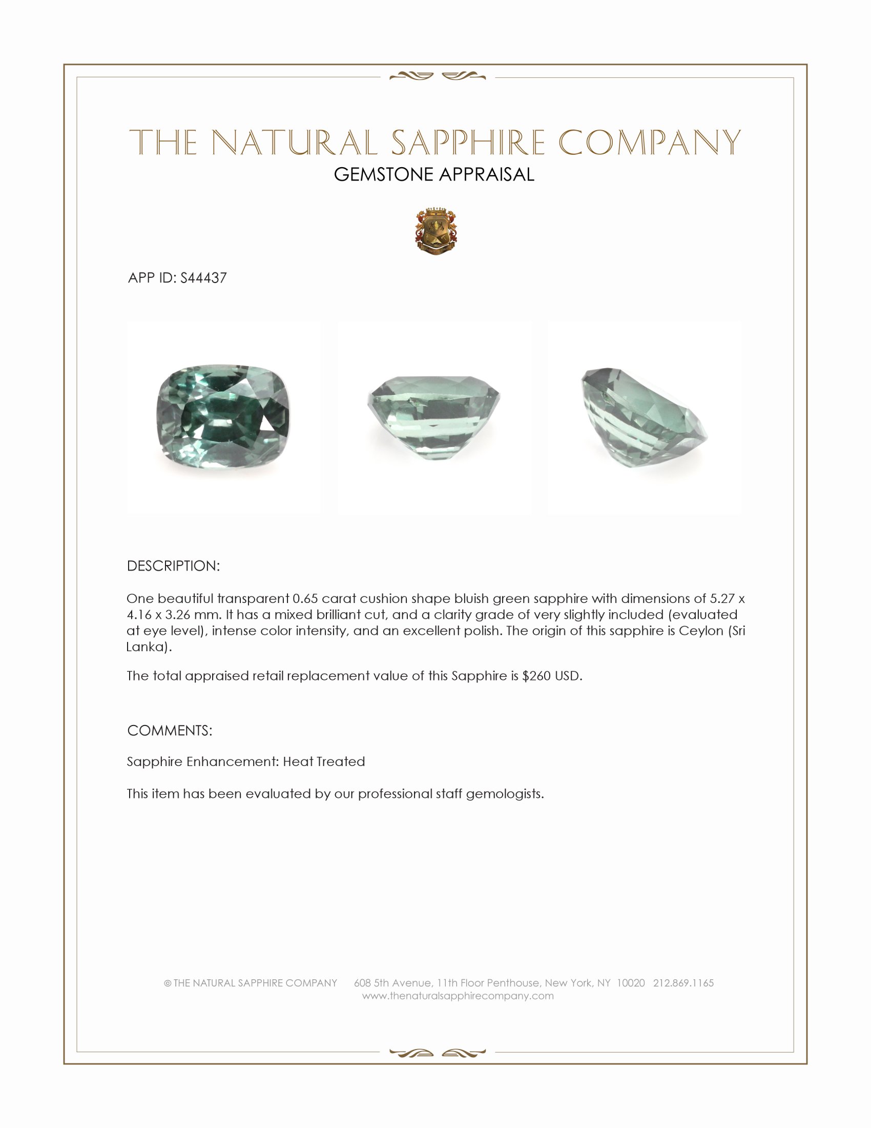 0.65 Ct. Bluish Green Sapphire from Ceylon (Sri Lanka)
