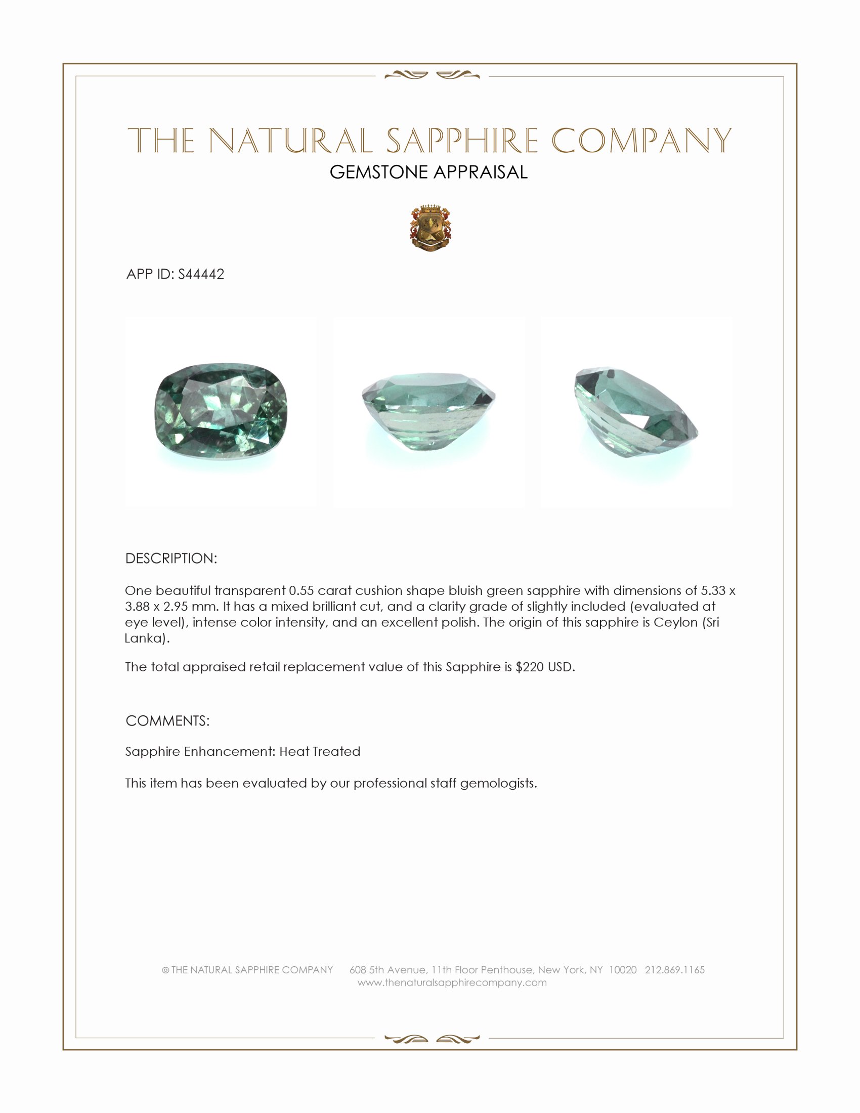 0.55 Ct. Bluish Green Sapphire from Ceylon (Sri Lanka)