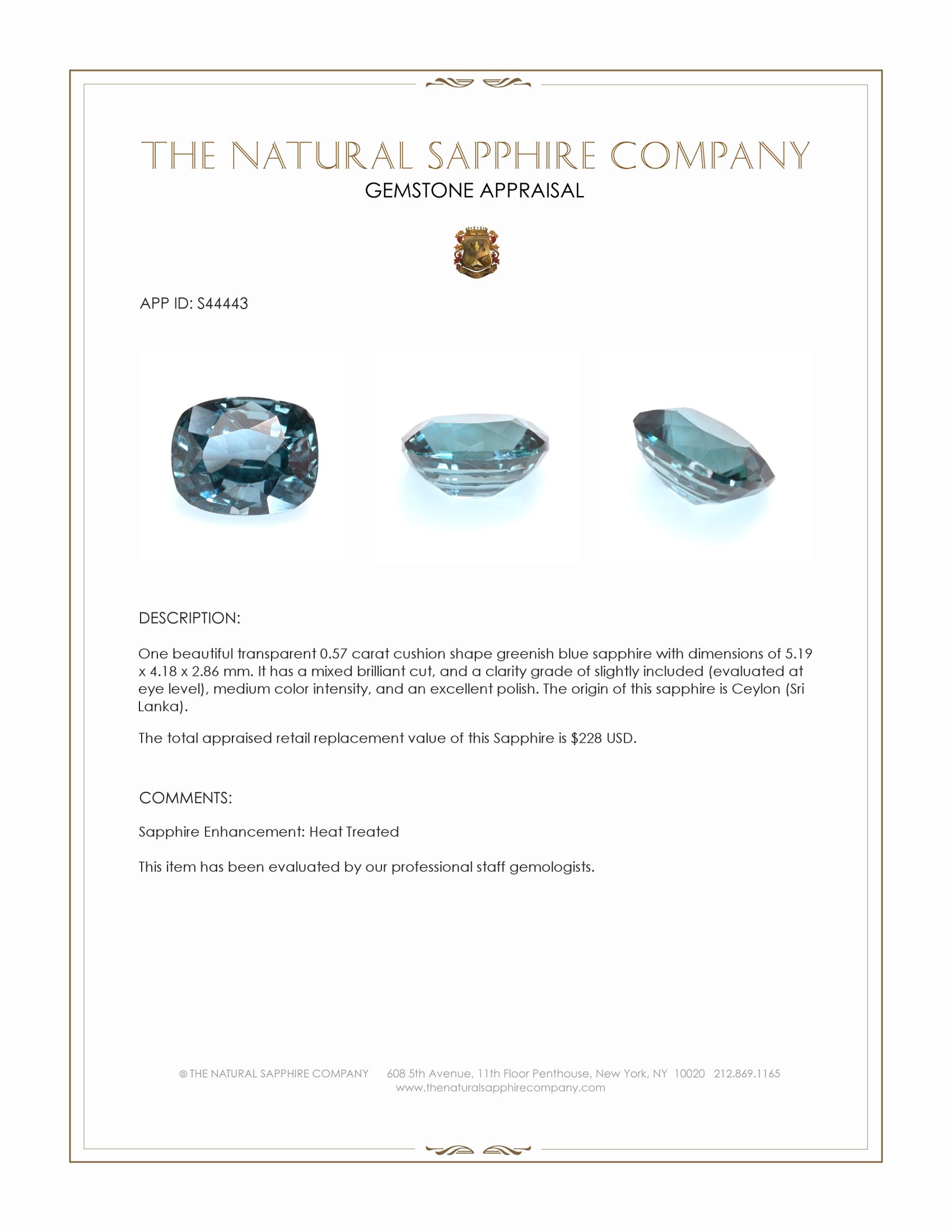 0.57 Ct. Greenish Blue Sapphire from Ceylon (Sri Lanka)