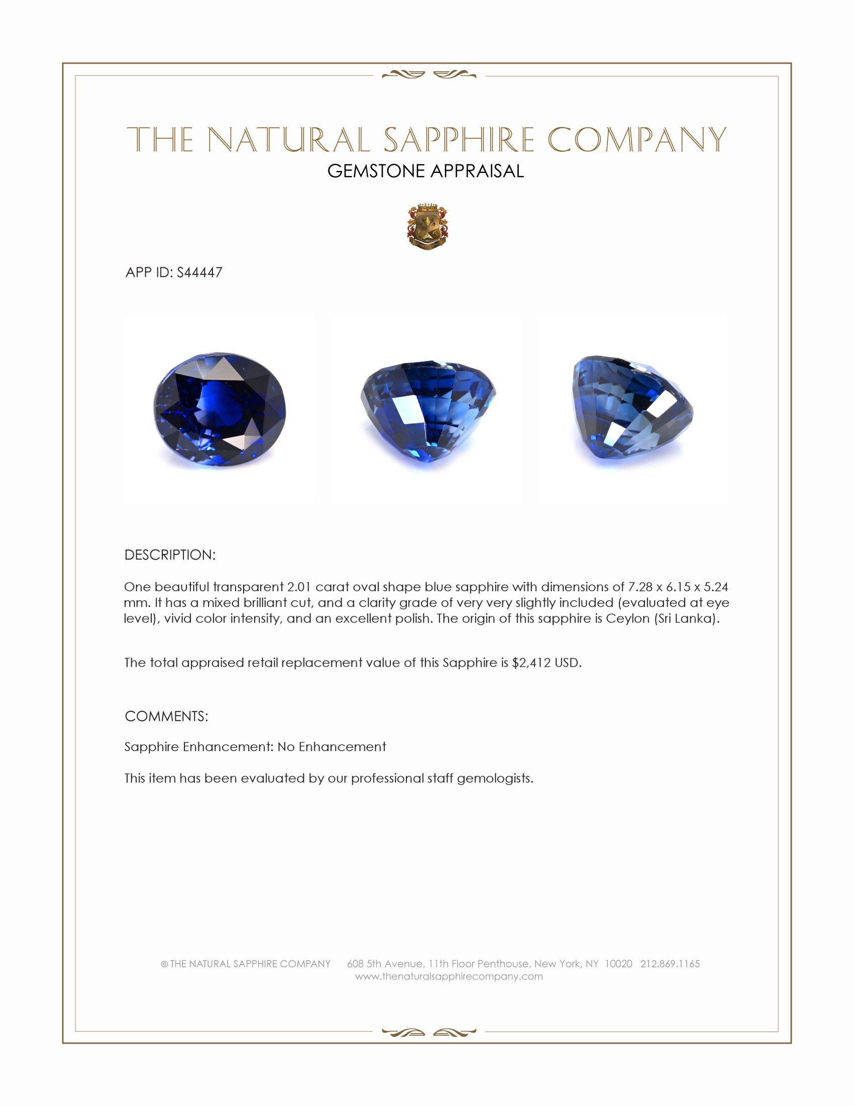 2.01 Ct. Blue Sapphire from Ceylon (Sri Lanka)