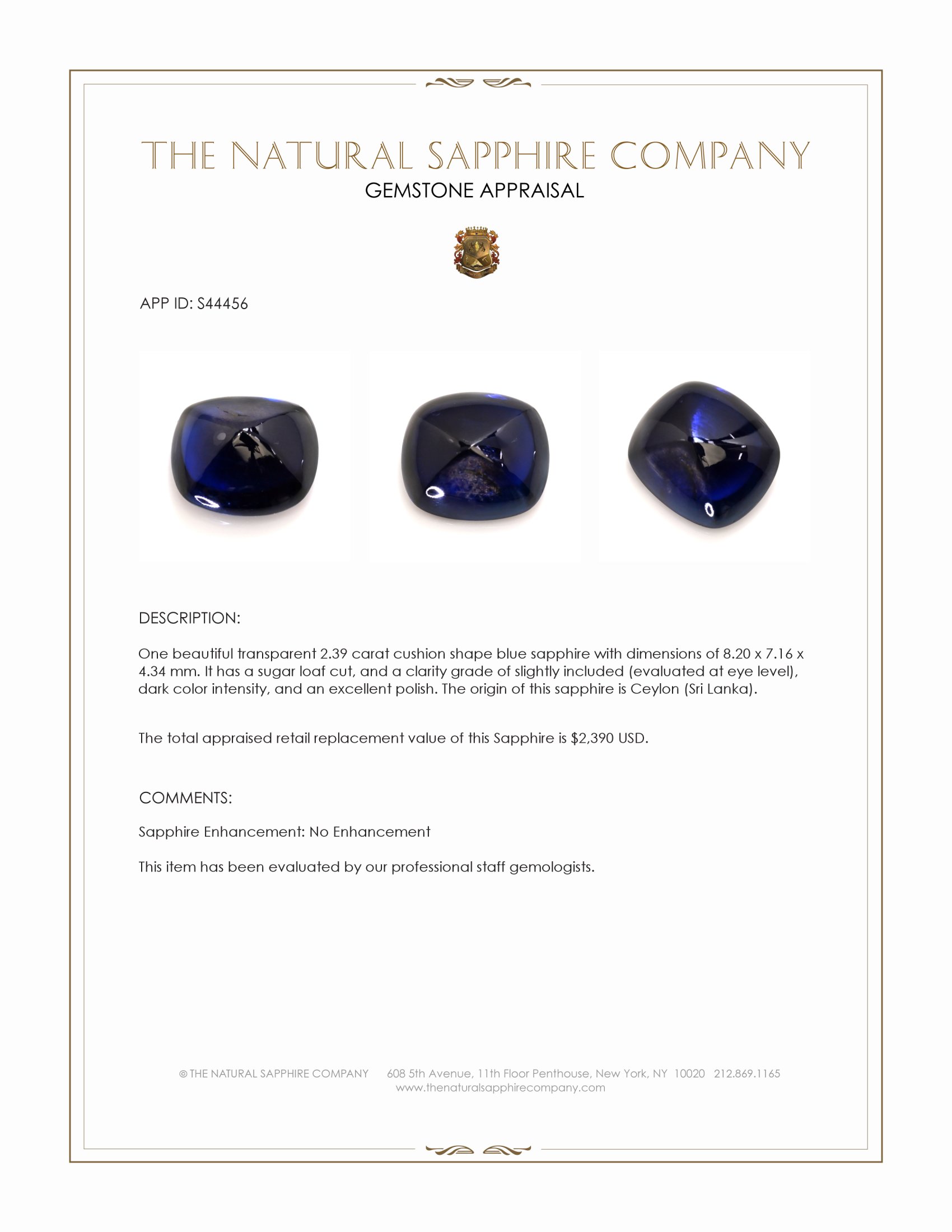 2.39 Ct. Blue Cabochon Sapphire from Ceylon (Sri Lanka)