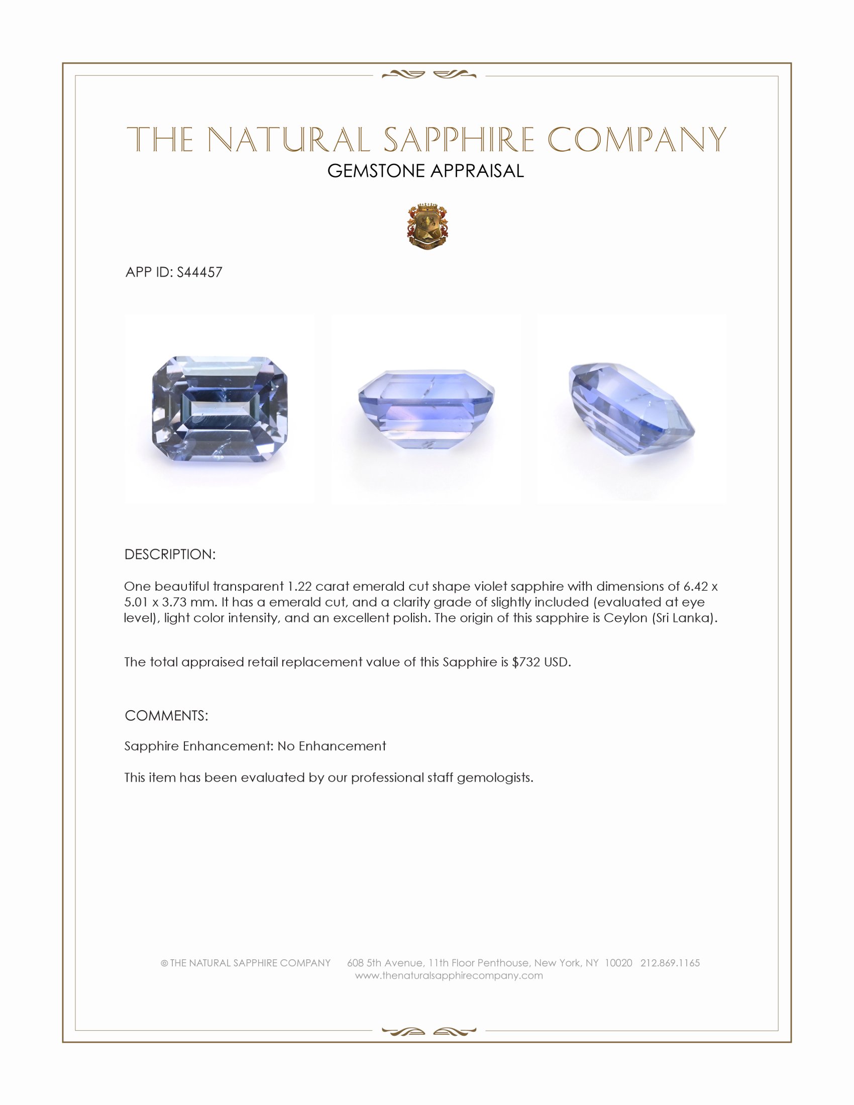 1.22 Ct. Violet Sapphire from Ceylon (Sri Lanka)