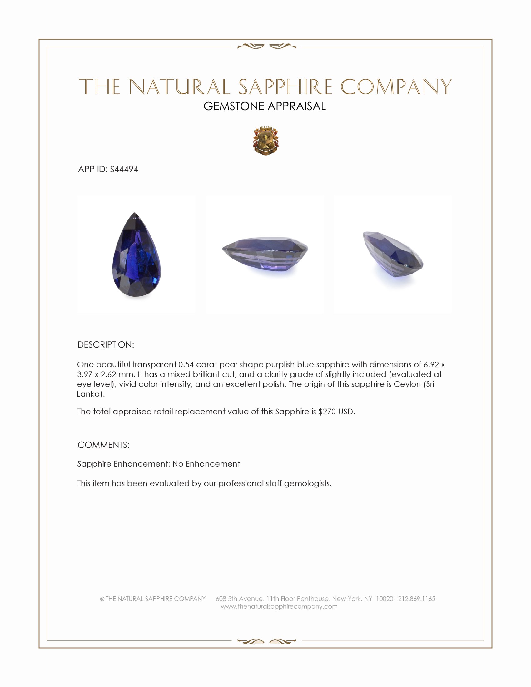 0.54 Ct. Purplish Blue Sapphire from Ceylon (Sri Lanka)