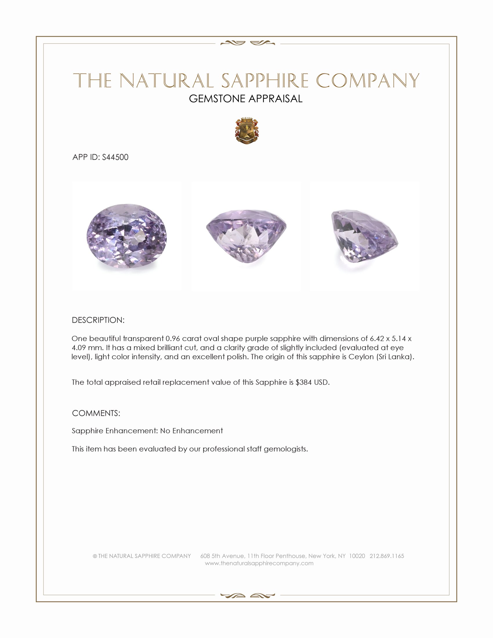 0.96 Ct. Purple Sapphire from Ceylon (Sri Lanka)