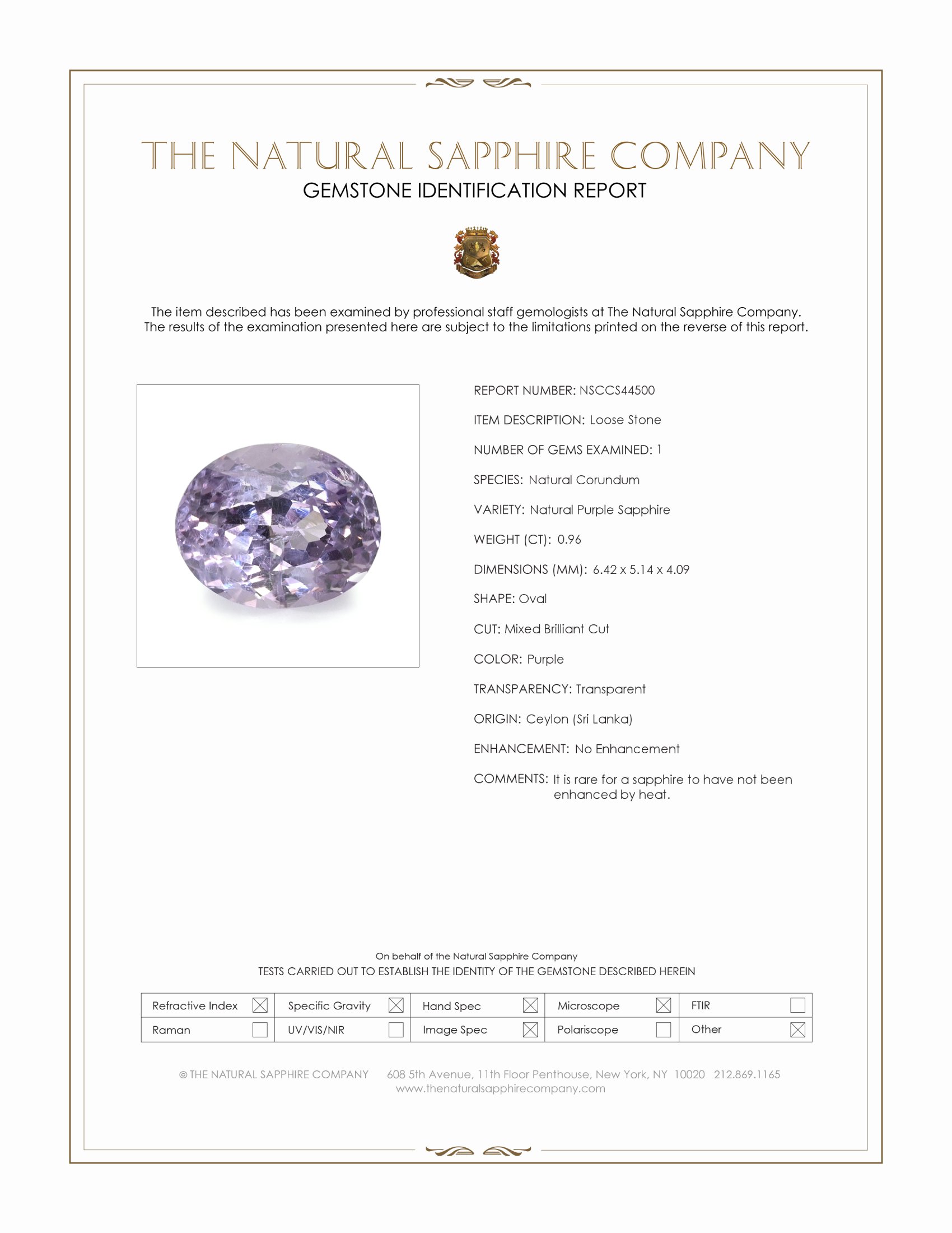 0.96 Ct. Purple Sapphire from Ceylon (Sri Lanka)