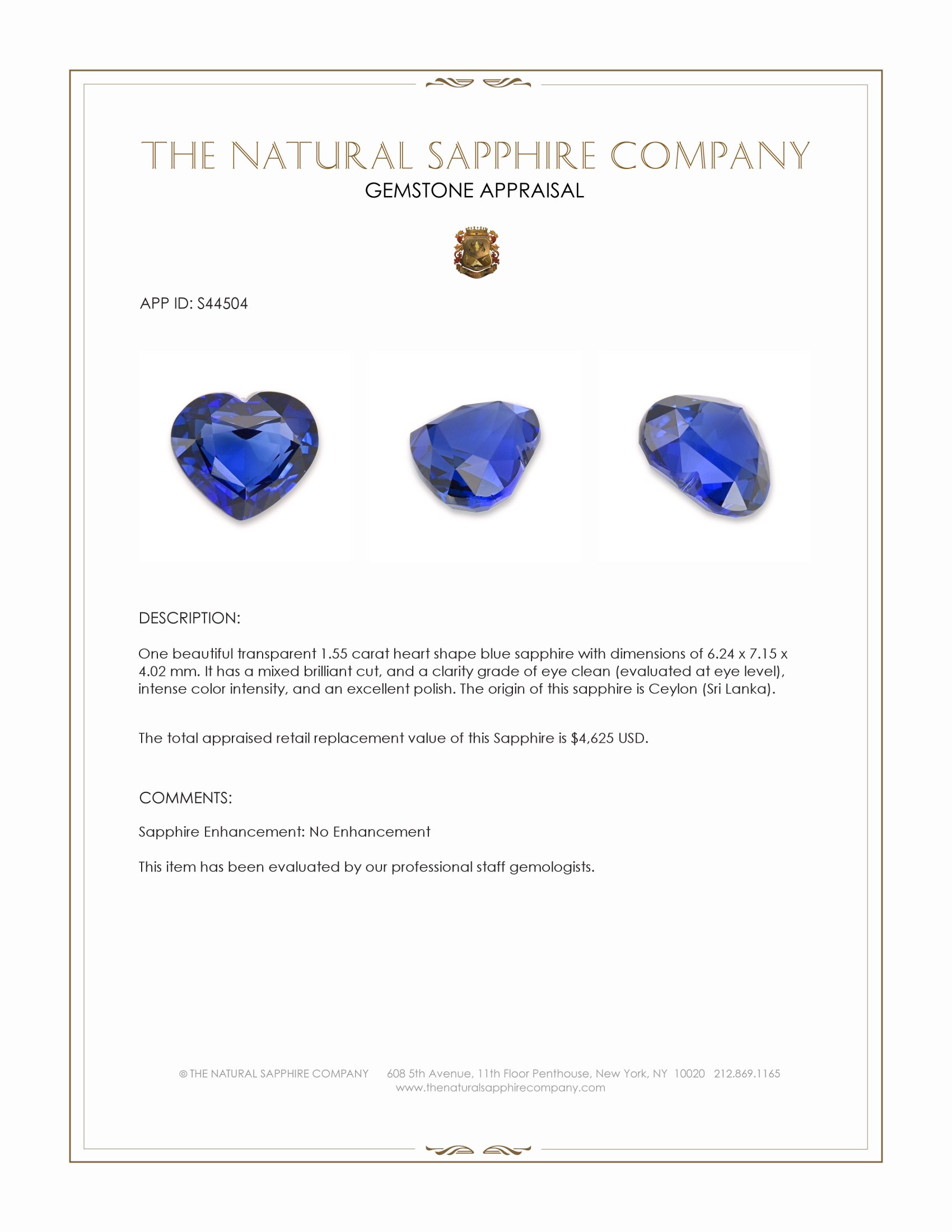 1.55 Ct. Blue Sapphire from Ceylon (Sri Lanka)
