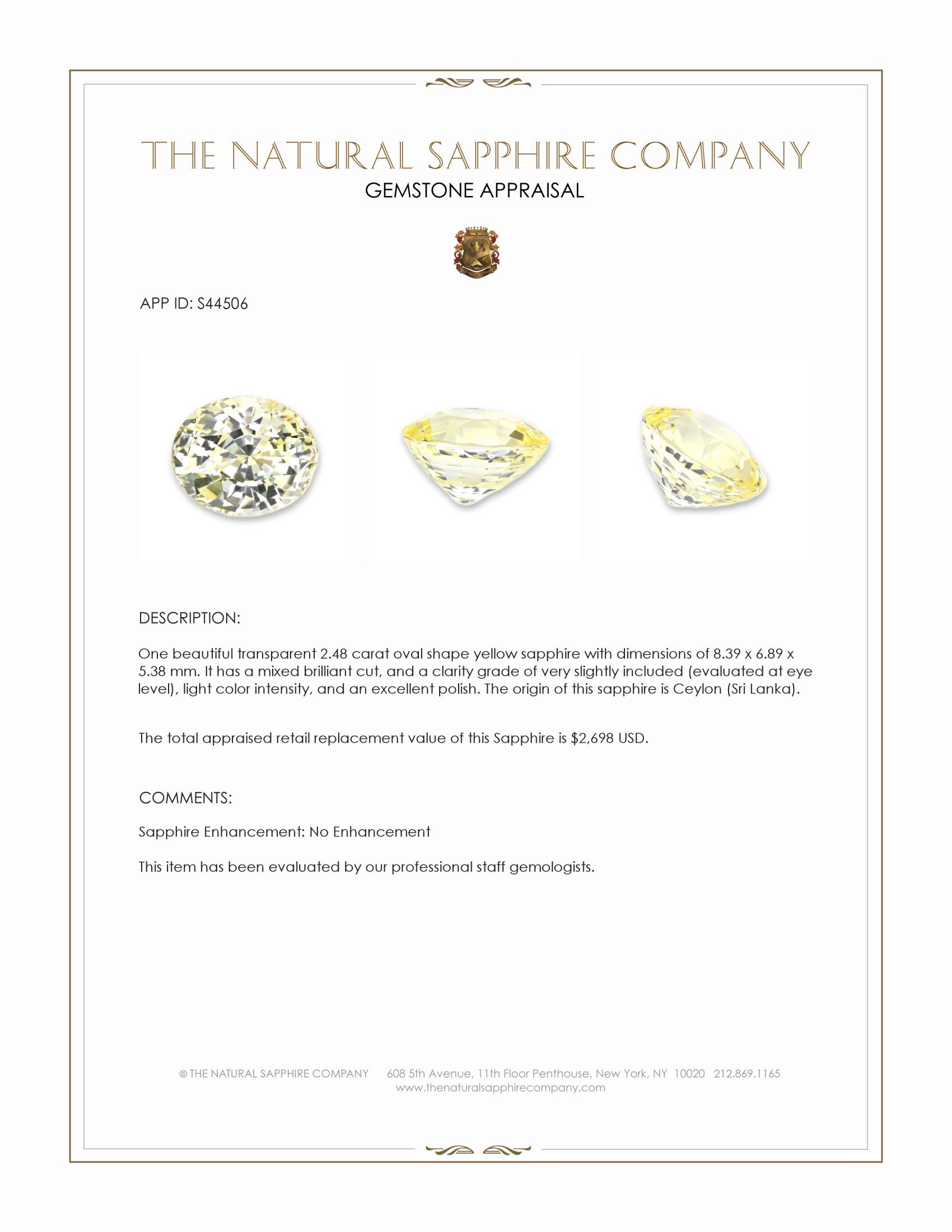 2.48 Ct. Yellow Sapphire from Ceylon (Sri Lanka)