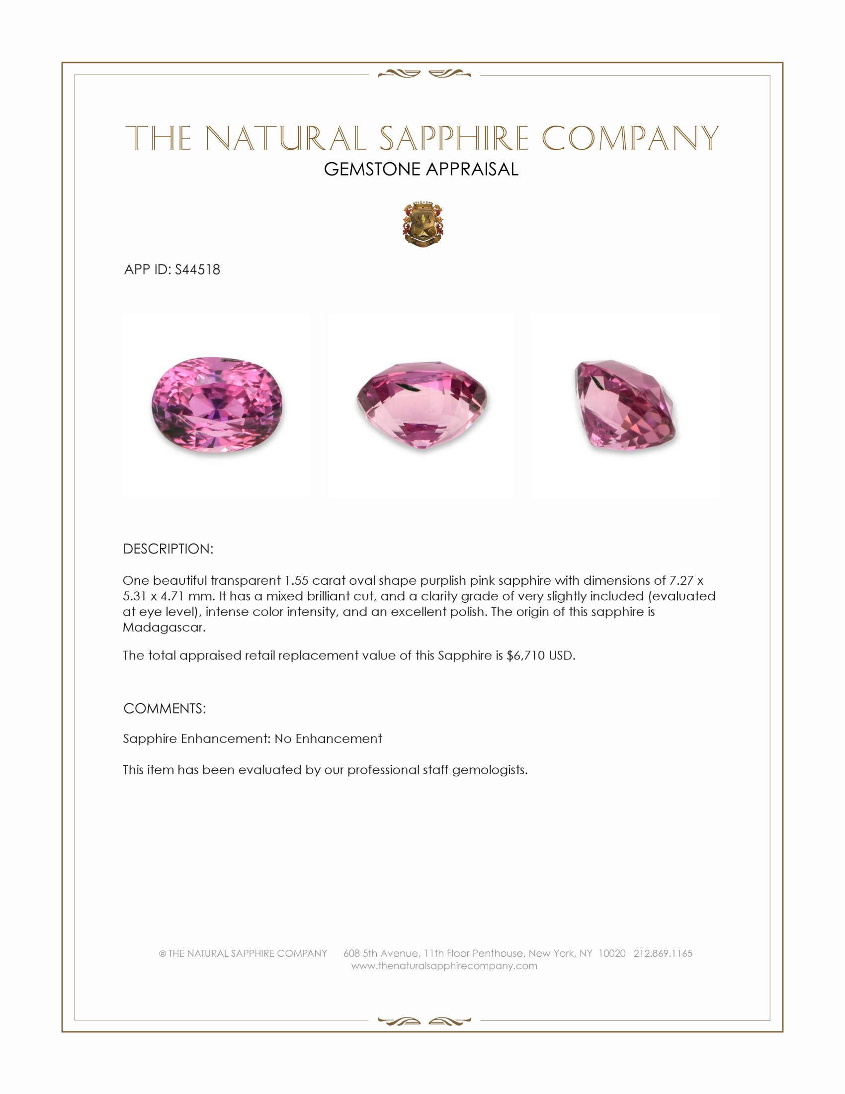 1.55 Ct. Purplish Pink Sapphire from Madagascar