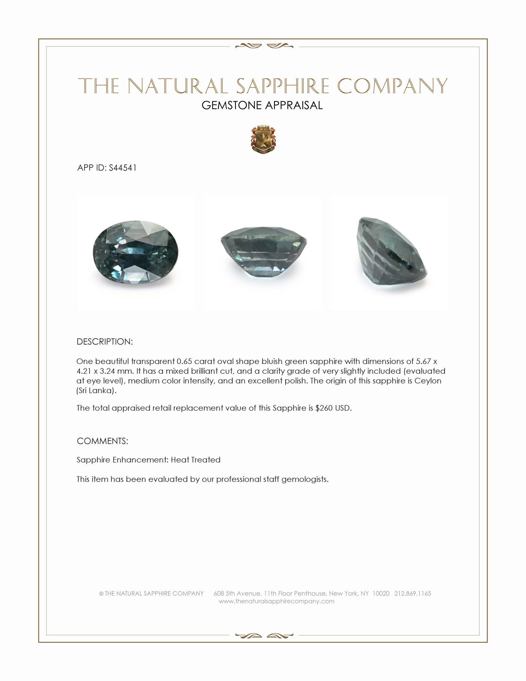 0.65 Ct. Bluish Green Sapphire from Ceylon (Sri Lanka)