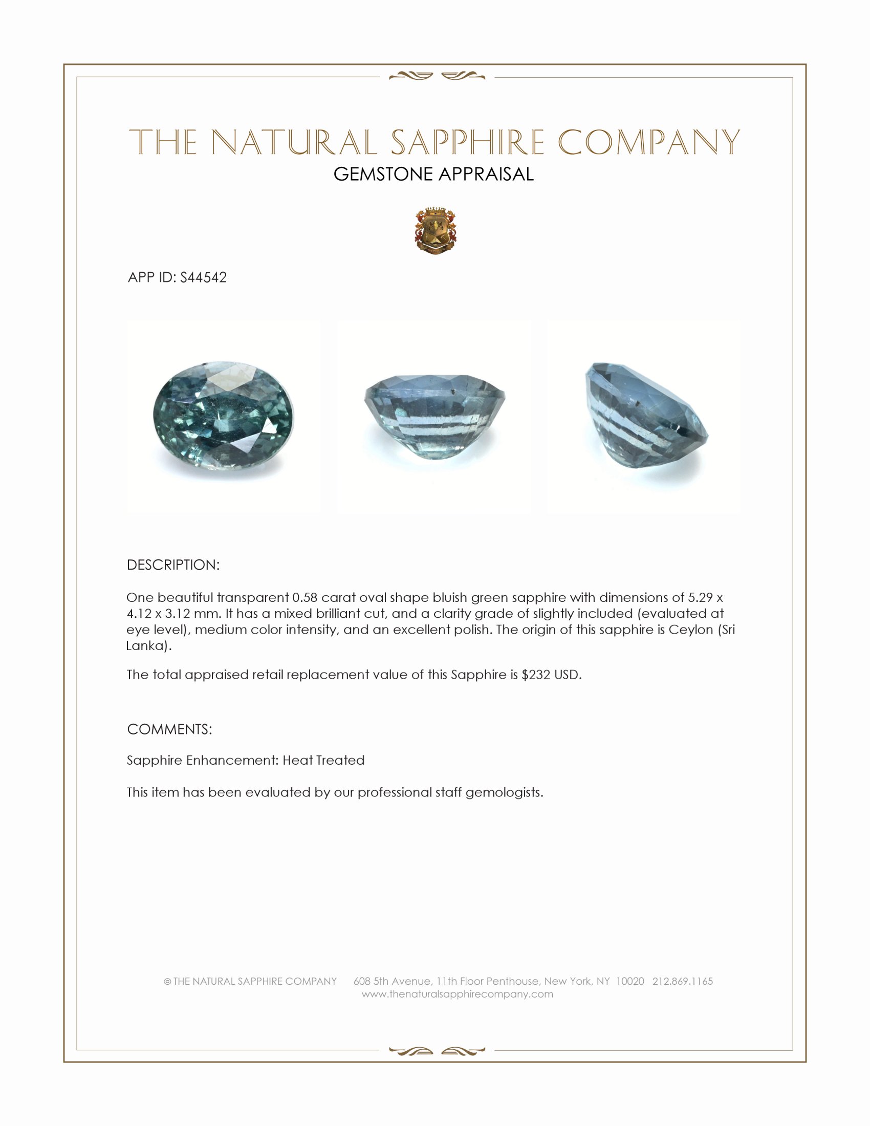 0.58 Ct. Bluish Green Sapphire from Ceylon (Sri Lanka)
