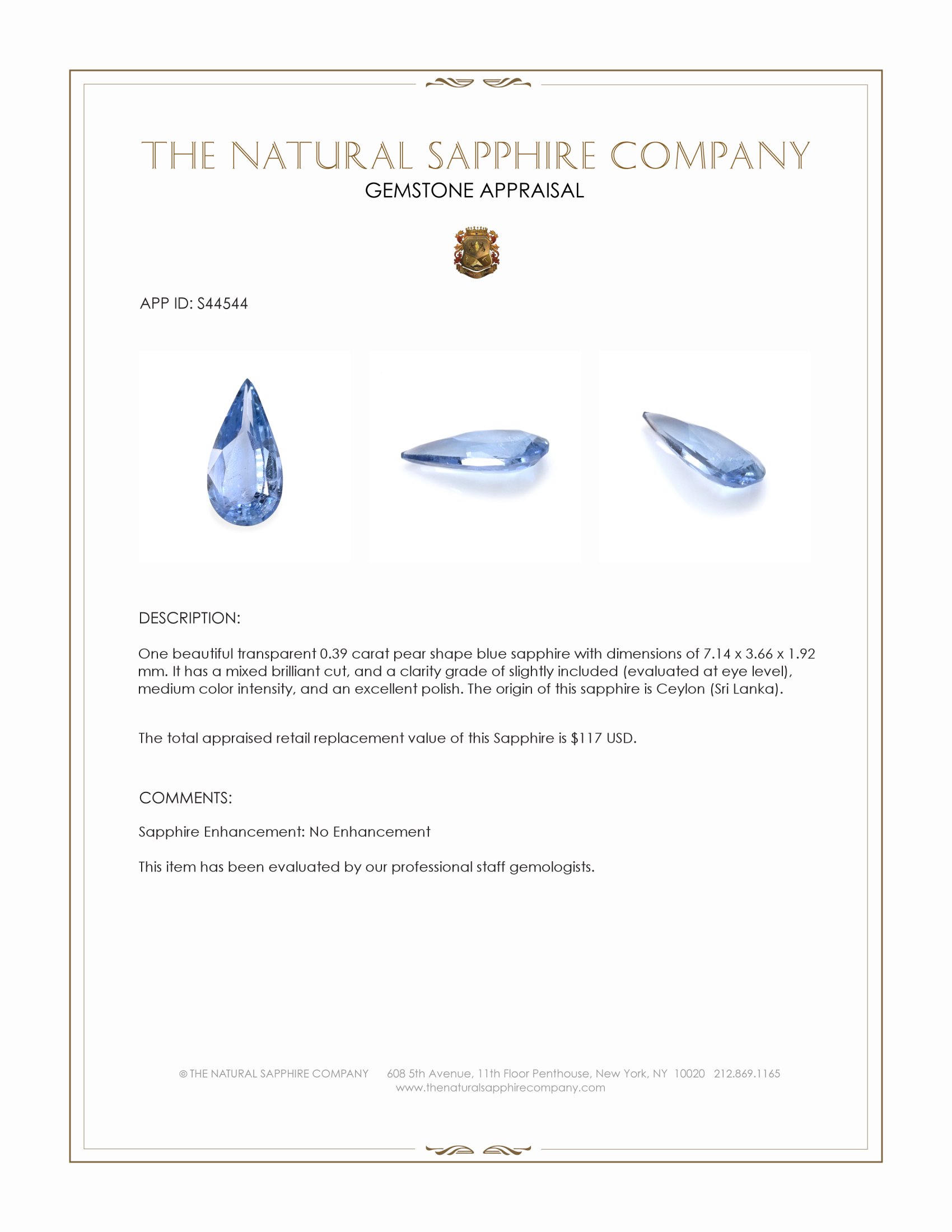 0.39 Ct. Blue Sapphire from Ceylon (Sri Lanka)