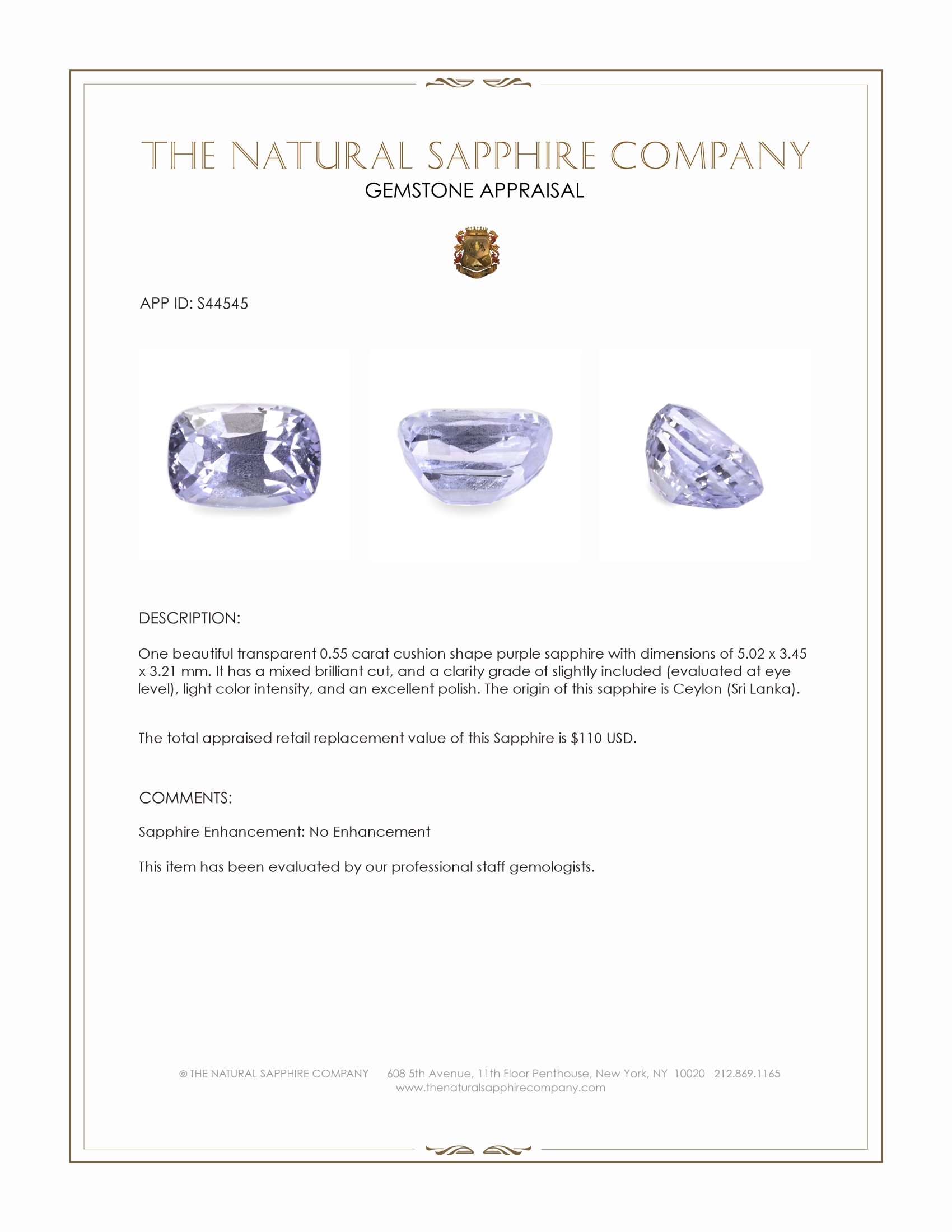 0.55 Ct. Purple Sapphire from Ceylon (Sri Lanka)