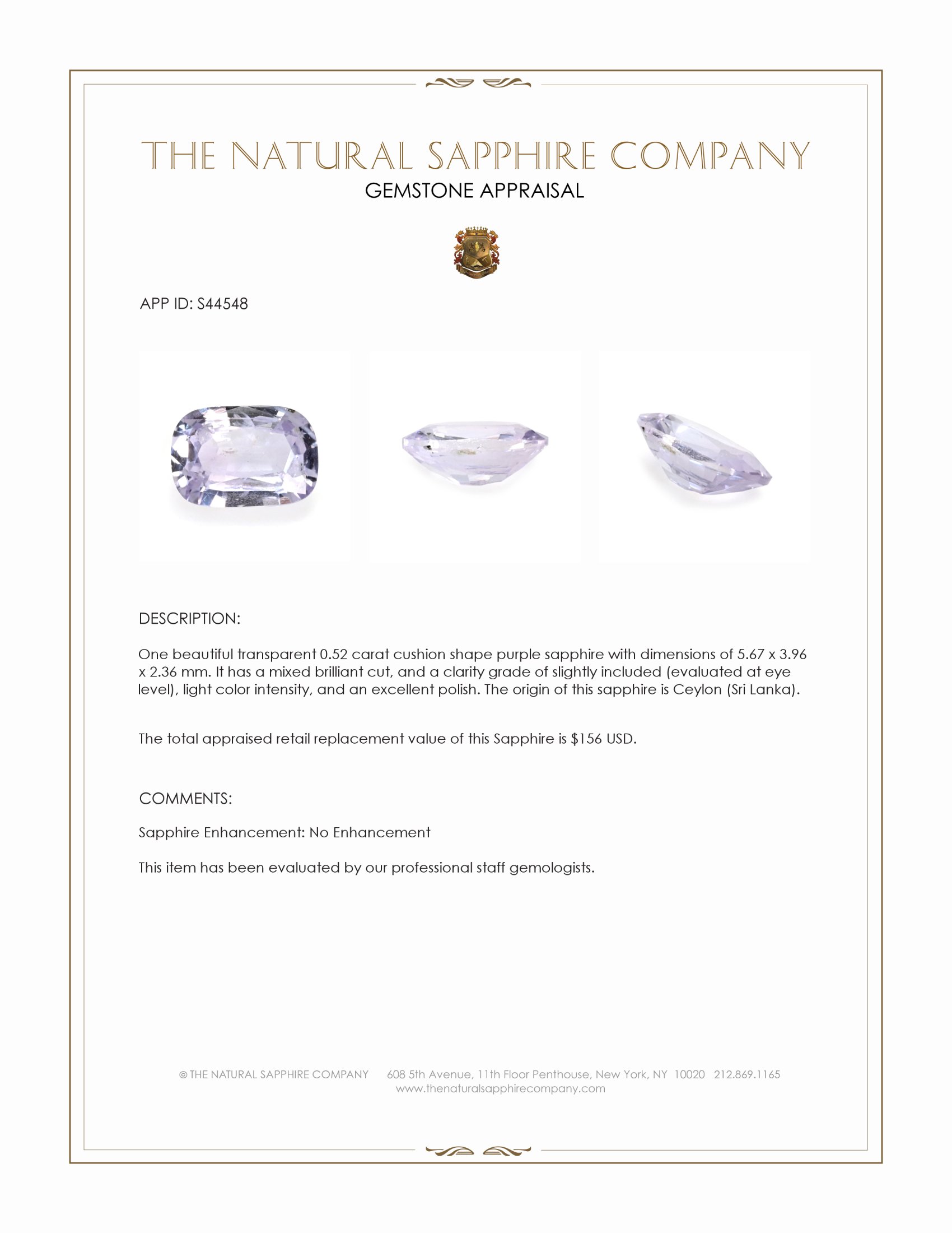0.52 Ct. Purple Sapphire from Ceylon (Sri Lanka)